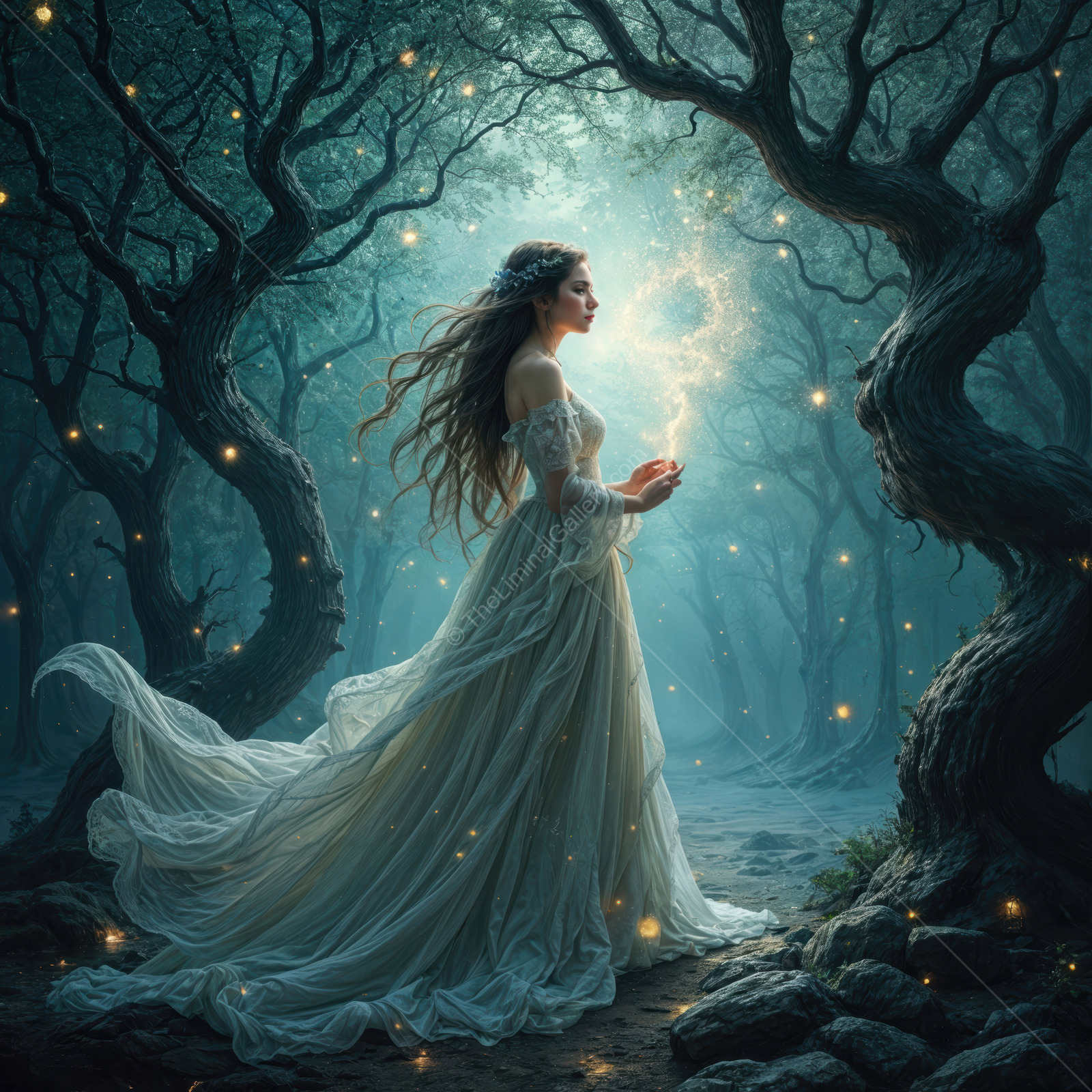 Princess in a mystical forest creating magic under a soft, moonlit glow