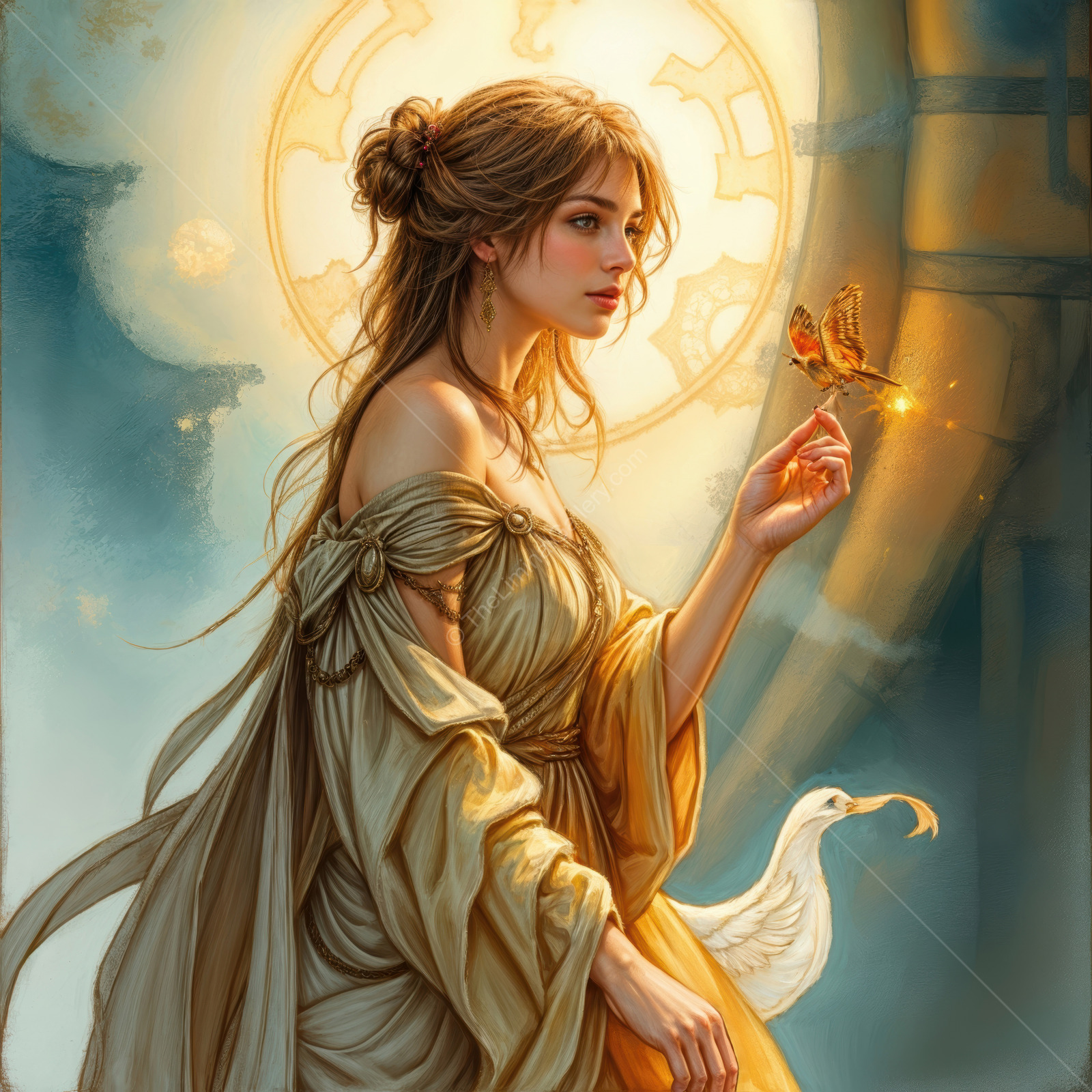 Princess surrounded by fantasy elements in a dreamlike liminal space at dusk, capturing a moment of magic and wonder