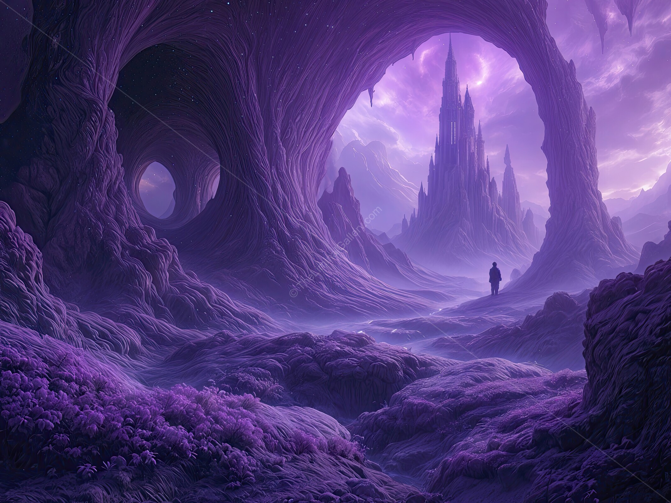 Mysterious purple landscape featuring a grand castle surrounded by surreal rock formations at twilight