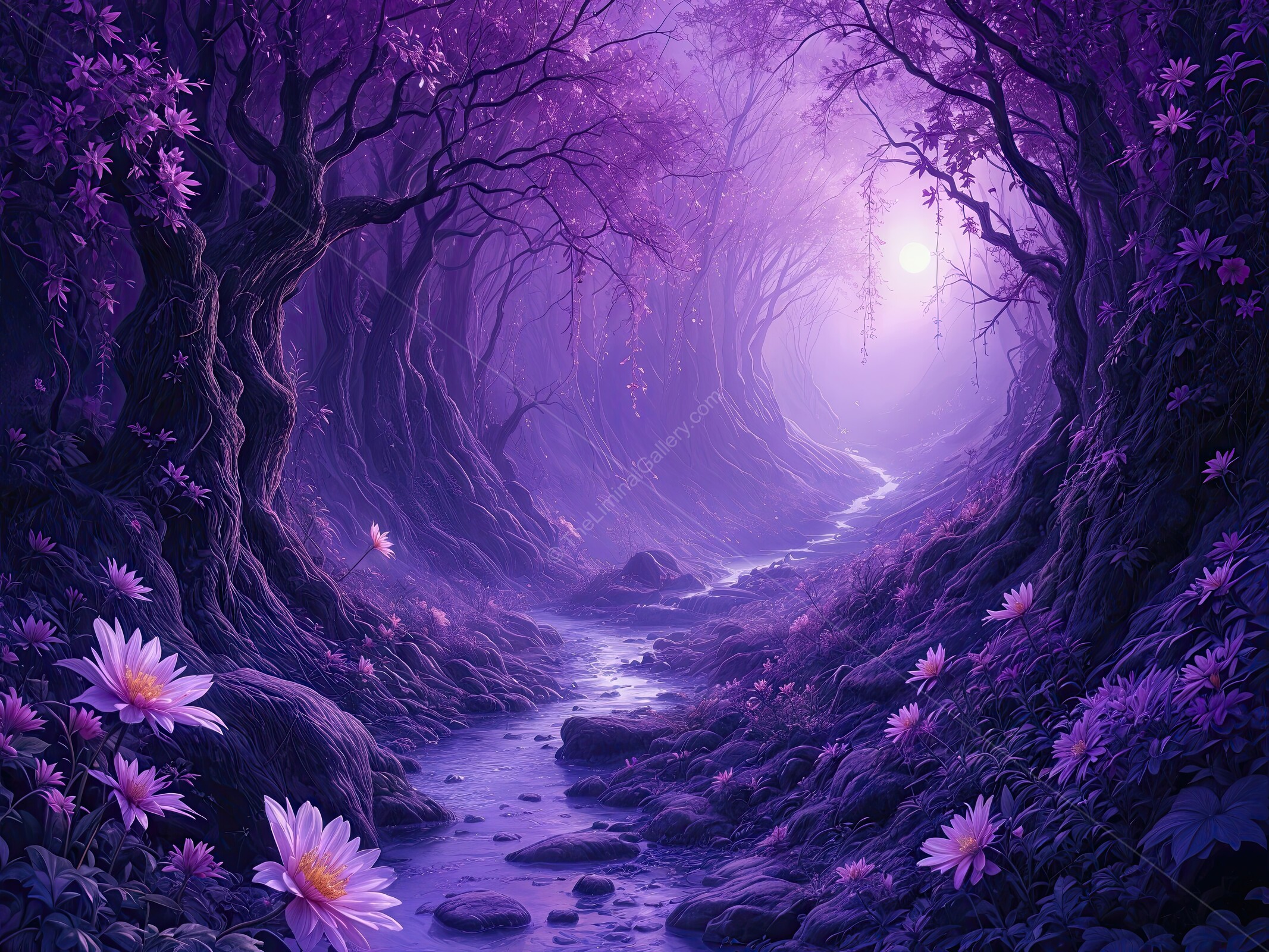 Magical purple forest at twilight with flowing stream and blooming flowers