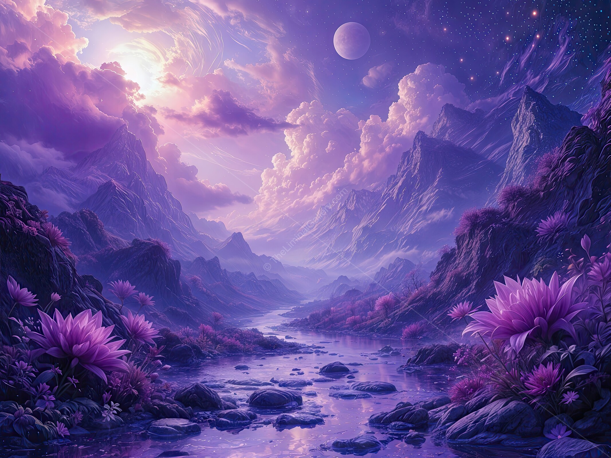 Majestic purple landscape with serene river and vibrant flowers beneath a dreamy sky