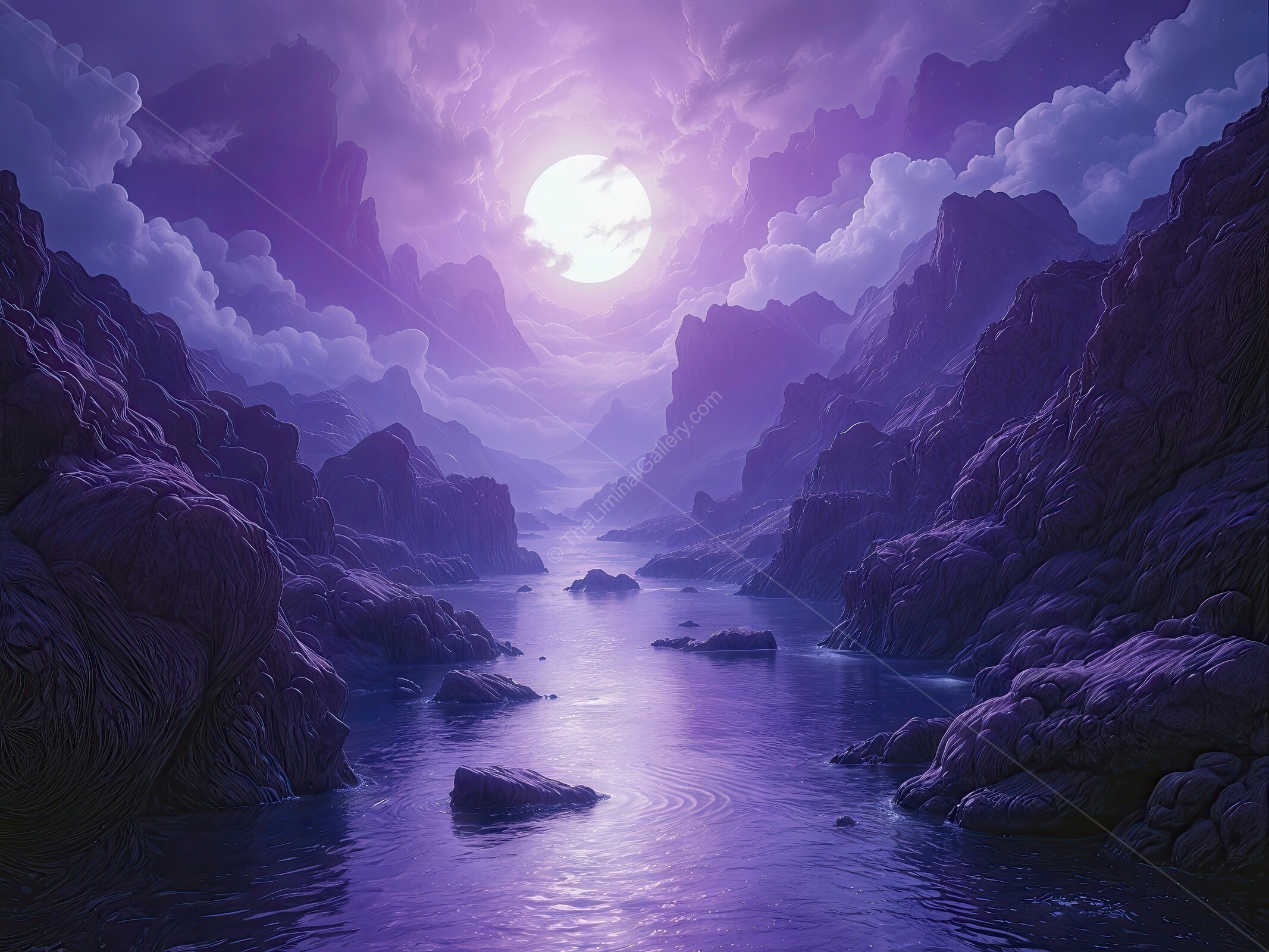 Mysterious twilight landscape with soft purple hues and reflective water under a brilliant moon
