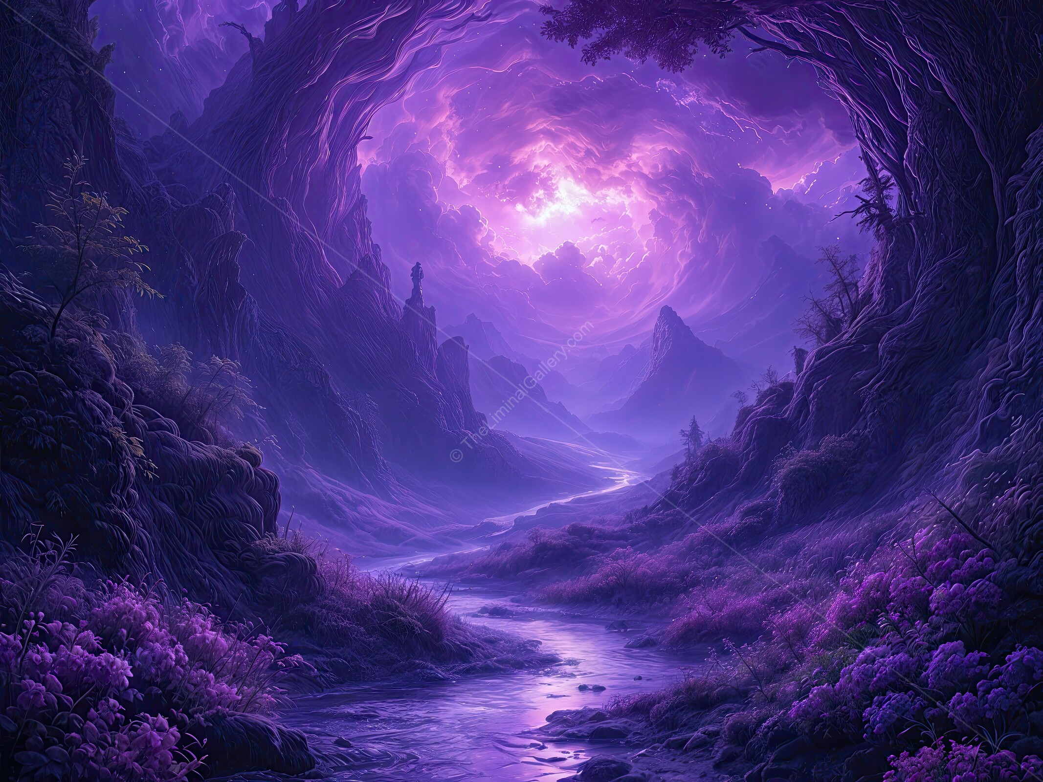 Mystical landscape reveals enchanting purple hues under a dramatic sky filled with swirling clouds and dawn light