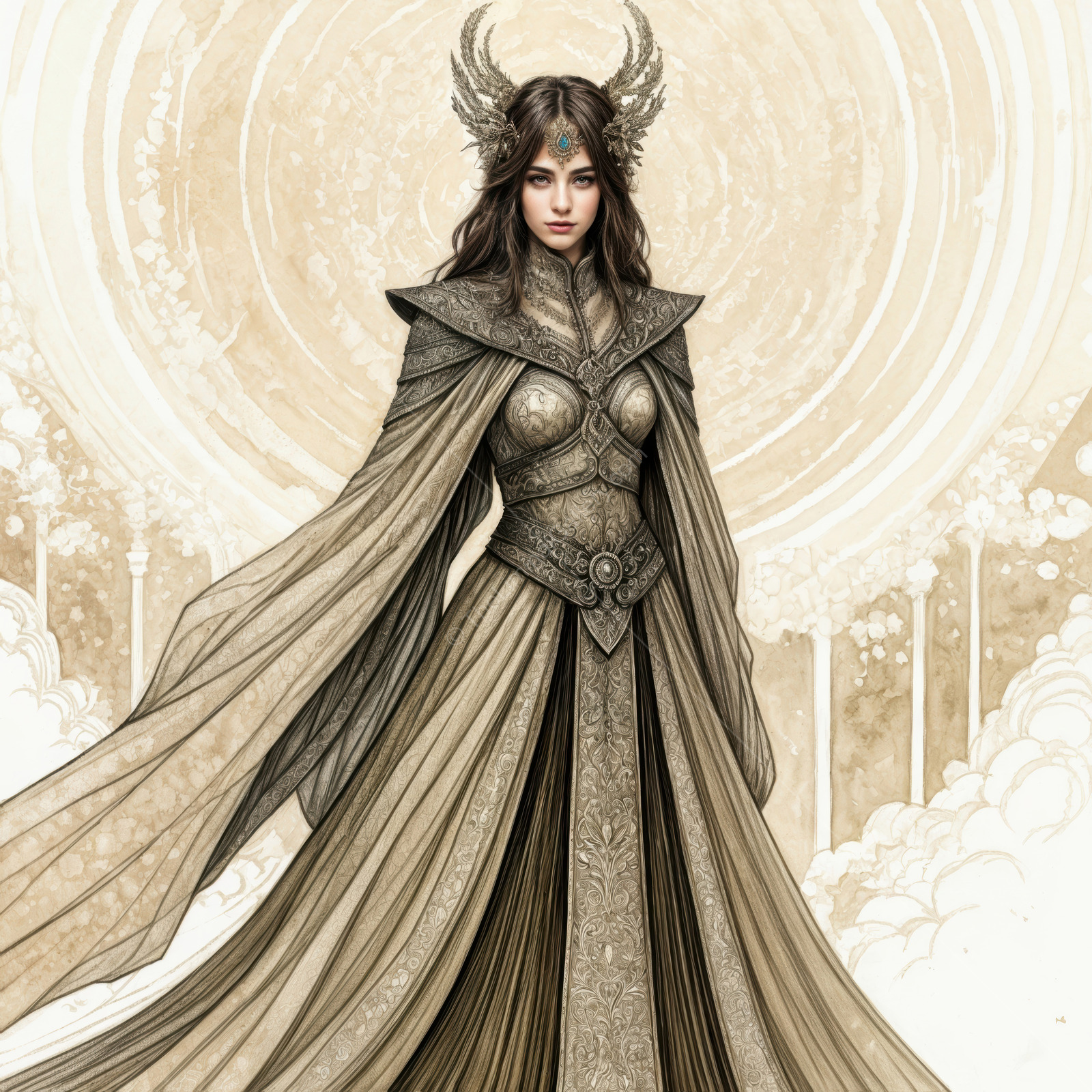 Enchanting queen stands in a mystical landscape, draped in elegant robes, evoking a sense of fantasy and otherworldliness at twilight