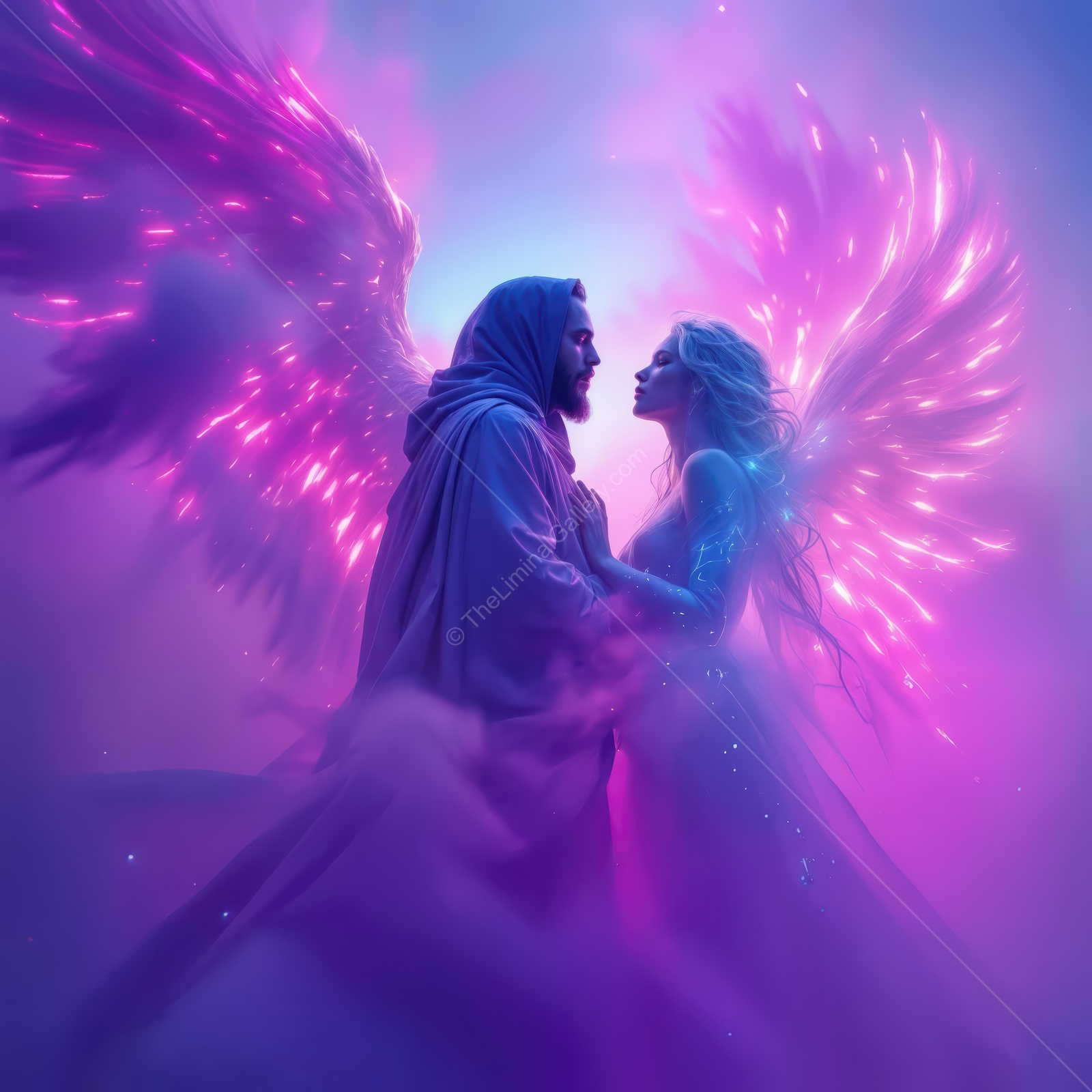 Enchanting celestial beings connect in a radiant moment under glowing wings at twilight