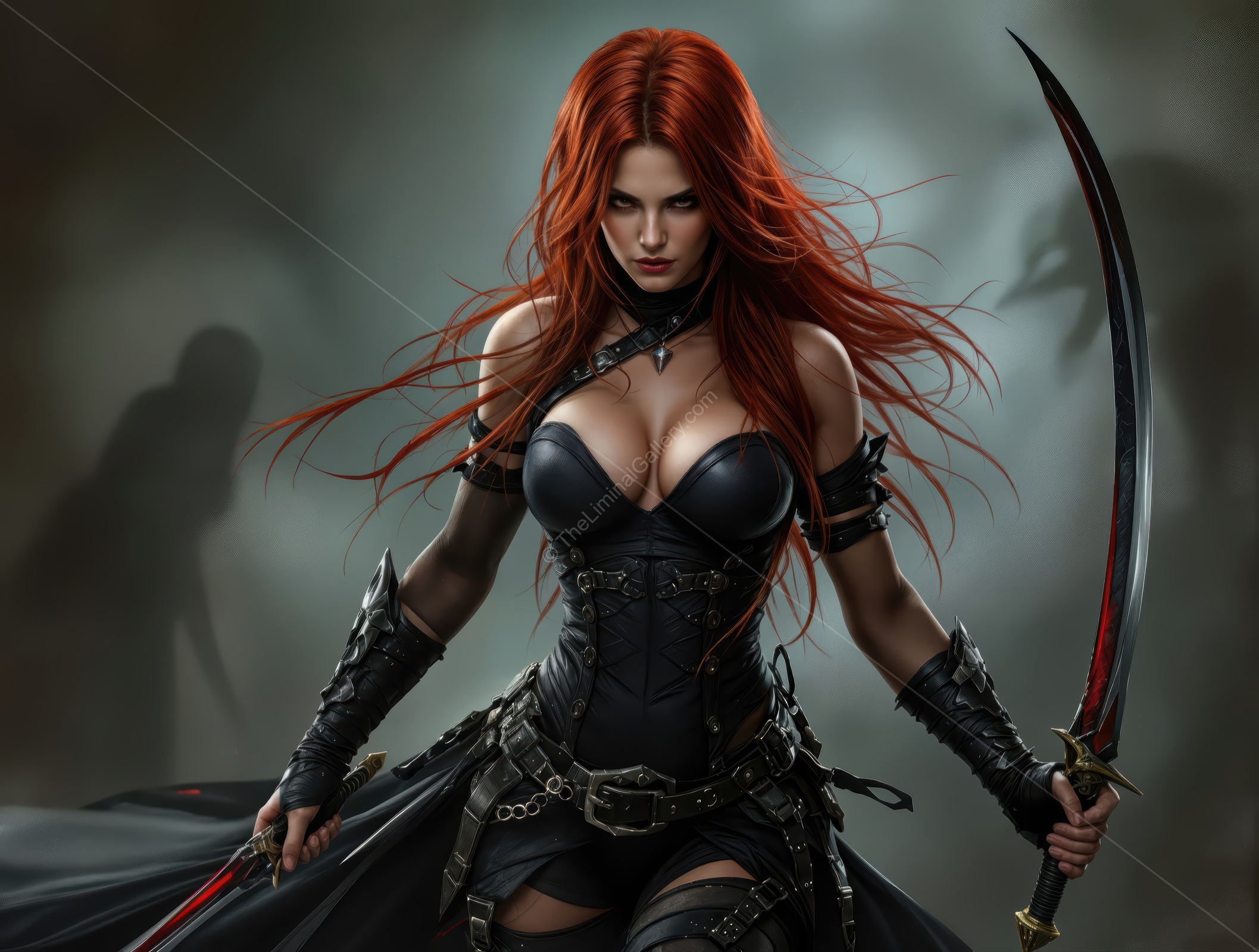 Fierce warrior with red hair wielding a curved sword in a dark fantasy setting