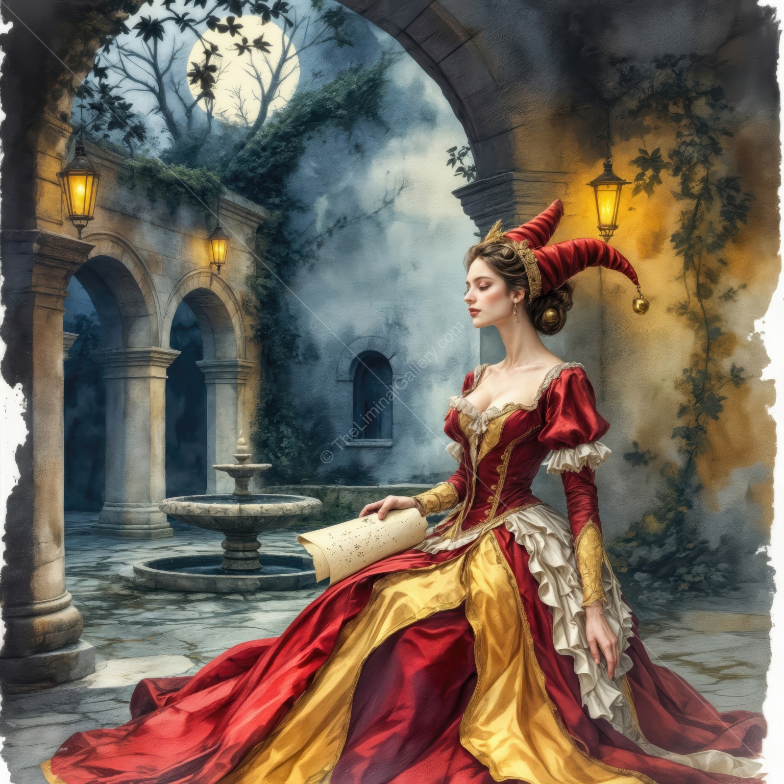 Regal figure in a vibrant gown enjoying a serene moment in a historic courtyard under the moonlight