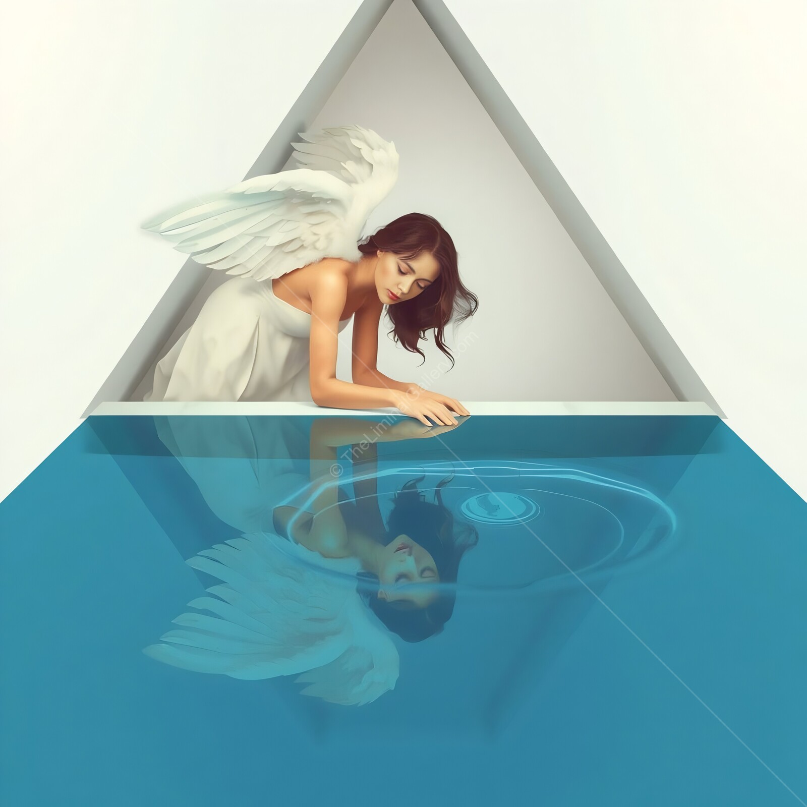 Reflective angel gazes into tranquil waters, embracing serenity in a geometric space