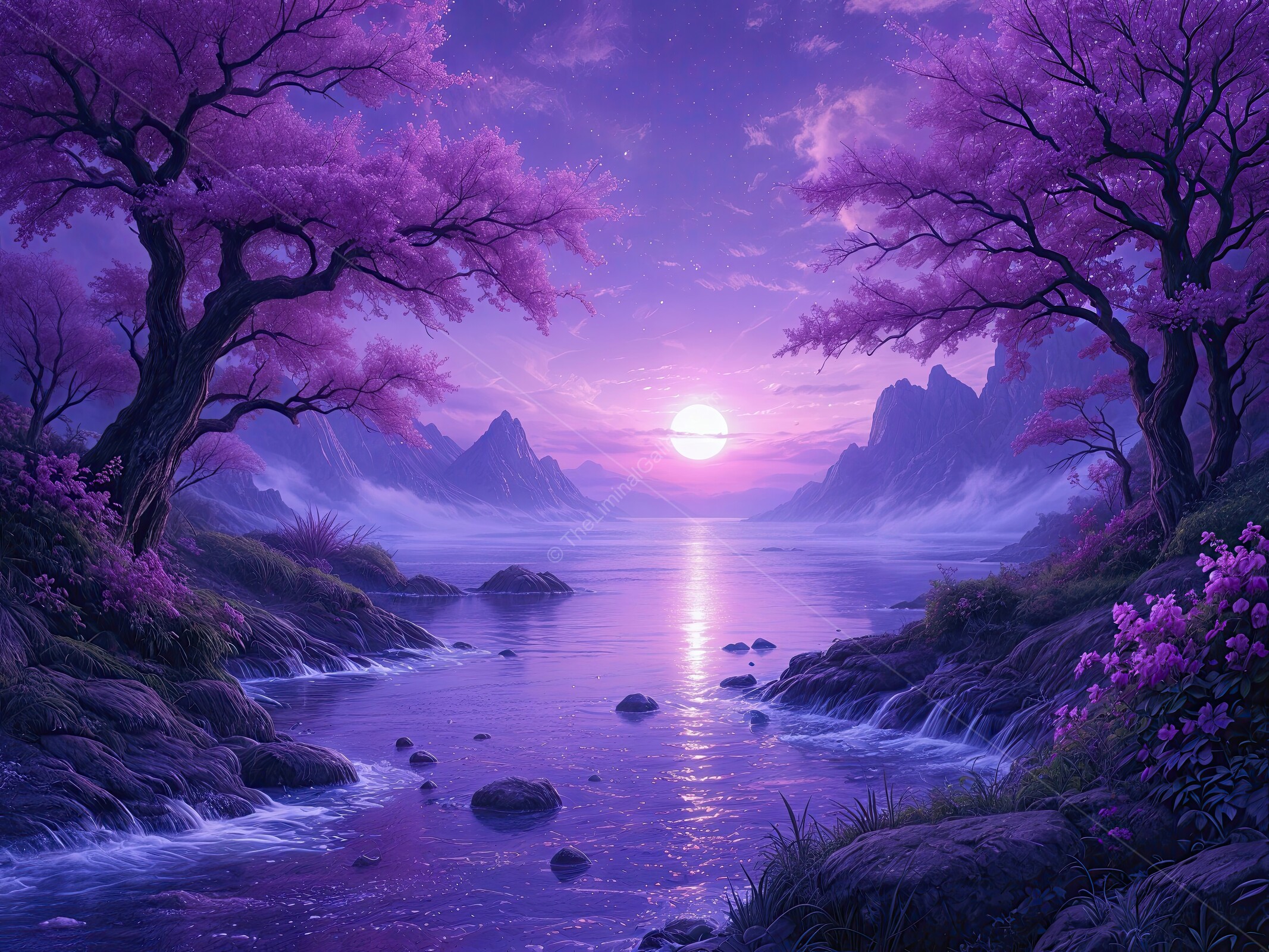 Serene twilight over a mystical river, framed by blooming cherry blossom trees and towering mountains