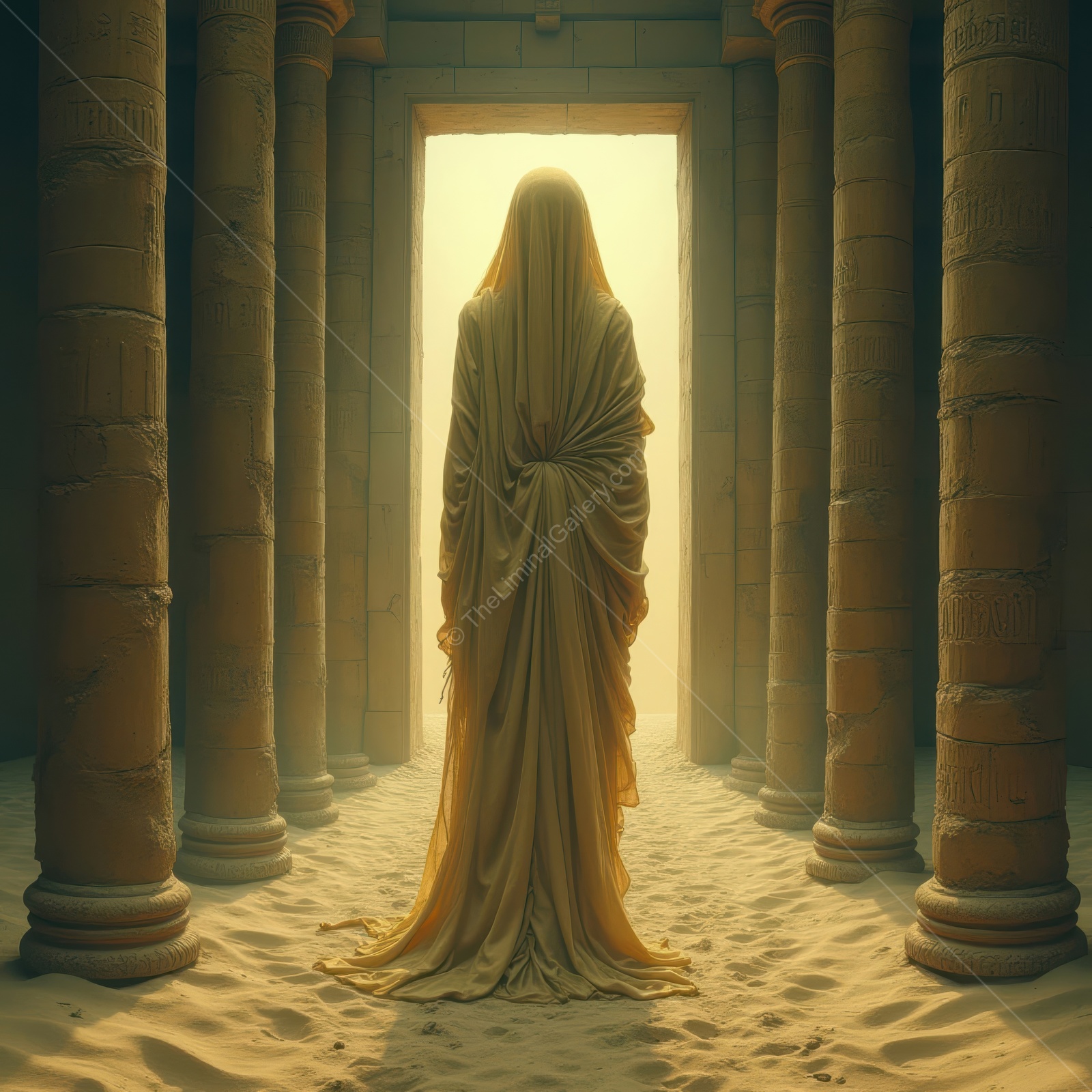 Silhouette of a robed figure standing in an ancient temple, basking in the soft glow of a distant light at dawn