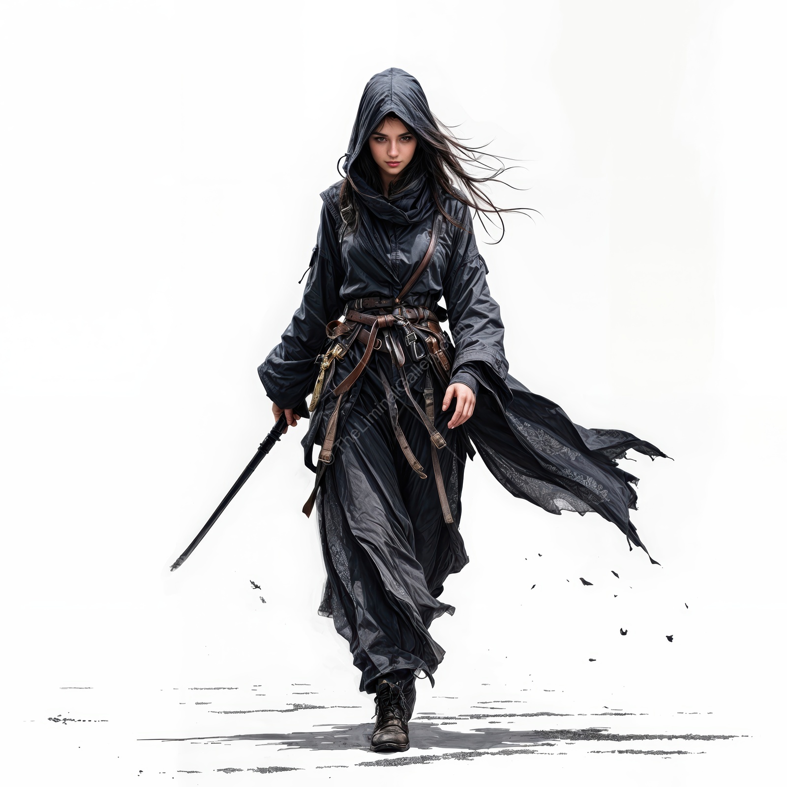 Rogue woman strides through a foggy liminal space, blending strength and mystery in a fantastical realm