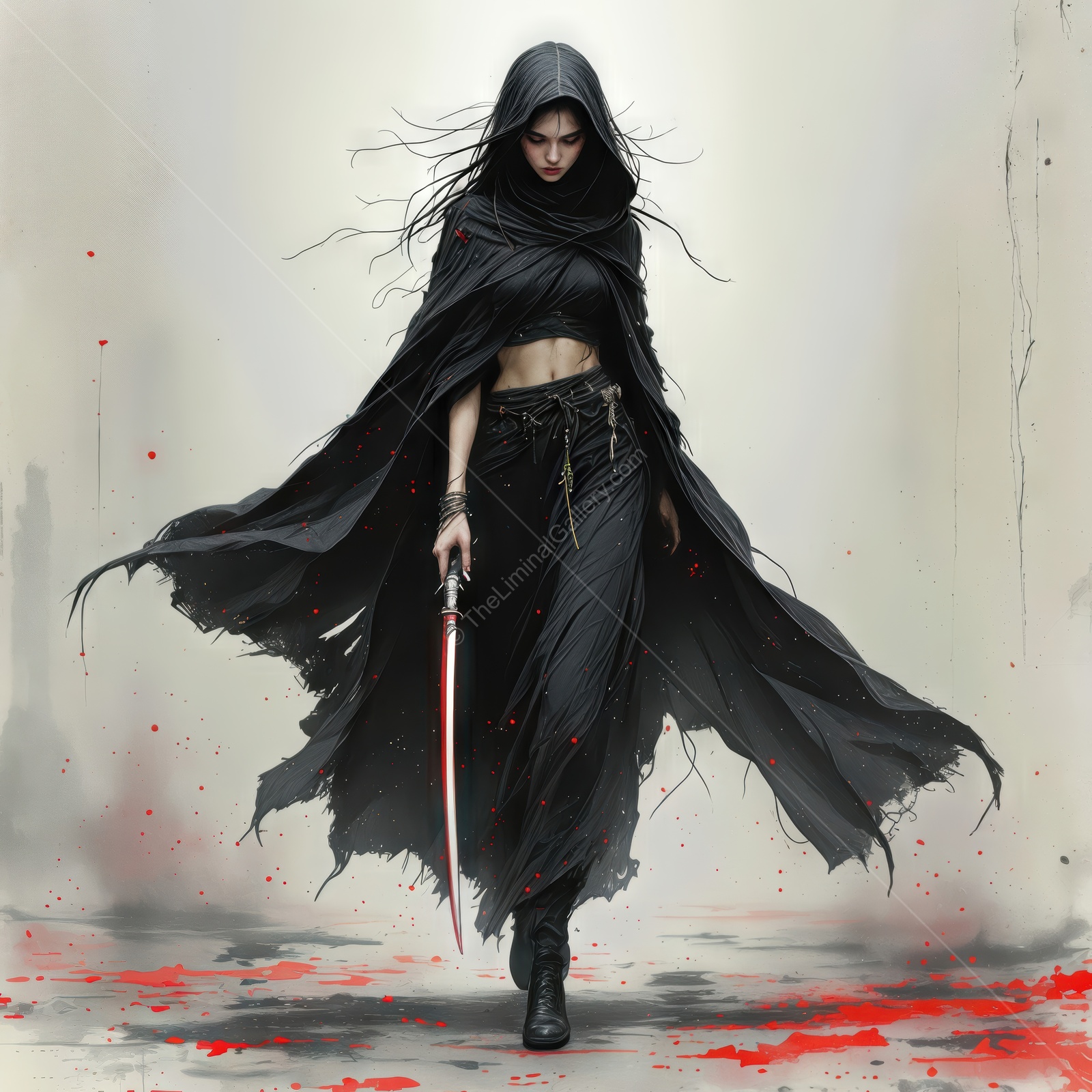 Rogue woman in a dark fantasy realm walks through a liminal space, holding a glowing sword surrounded by shadows and echoes of a forgotten world