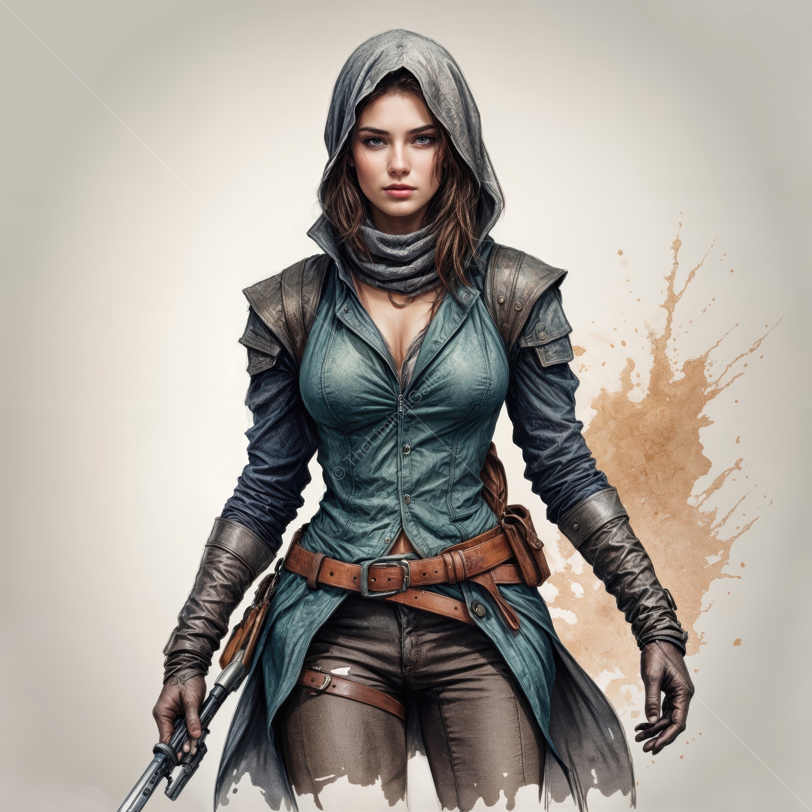 Strong woman rogue in a fantasy setting with a liminal atmosphere conveying determination and adventure in a mystical world