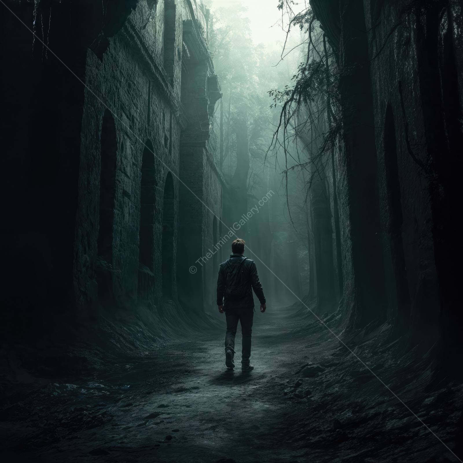 Mysterious wanderer explores fog-laden ruins in a forgotten forest at dusk