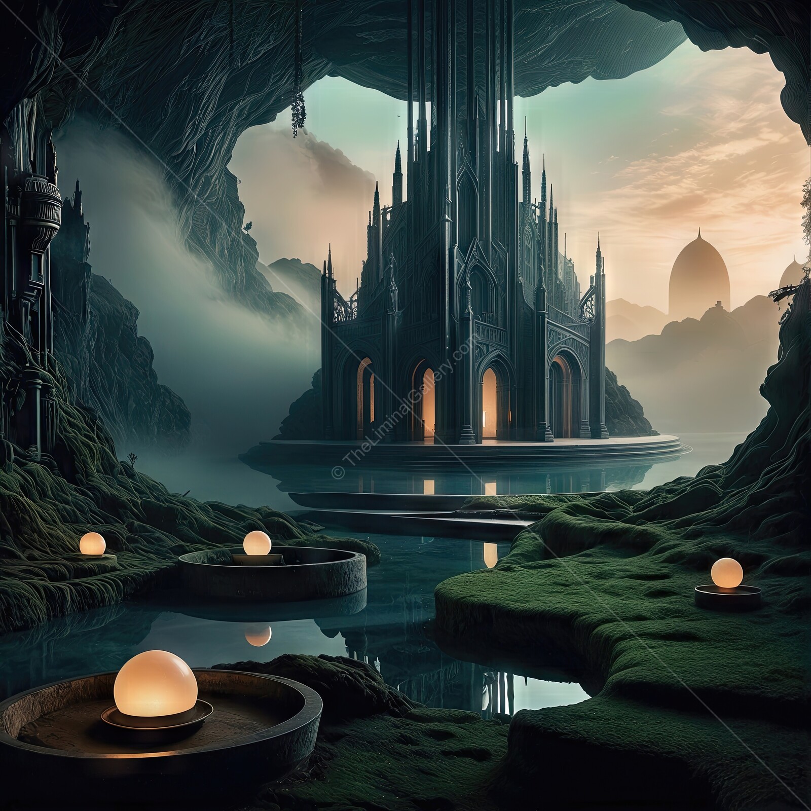 Mysterious castle emerging from mist in an enchanted cave at twilight