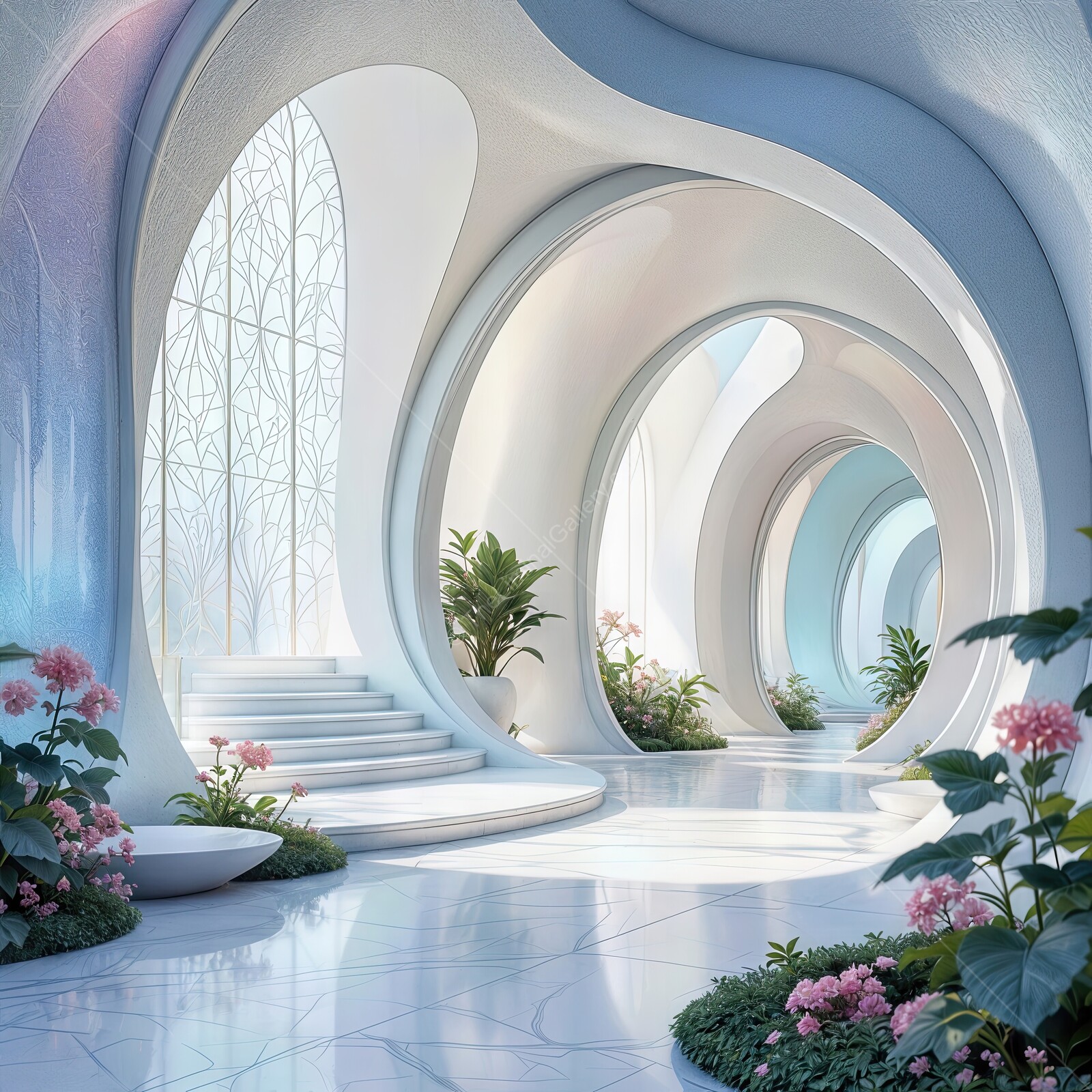 Serene corridors of a futuristic sanctuary adorned with delicate blooms and soft light