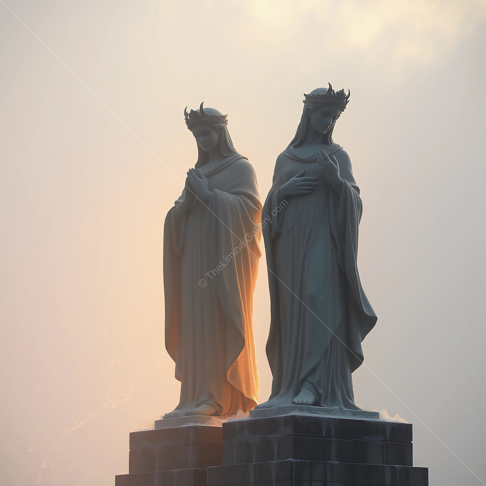 Serene liminal moments captured at dawn with majestic statues shrouded in mist and soft sunlight