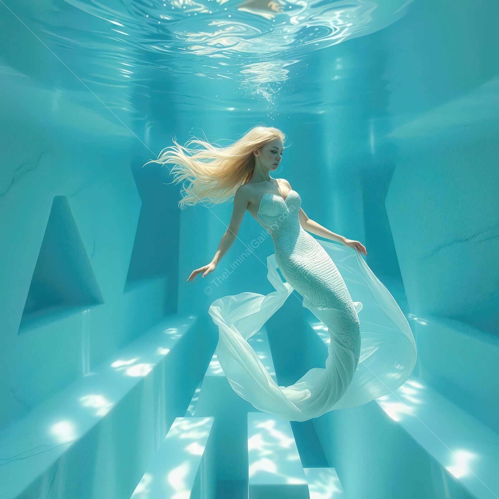 The Little Mermaid gracefully swimming in a serene underwater paradise surrounded by shimmering light reflections