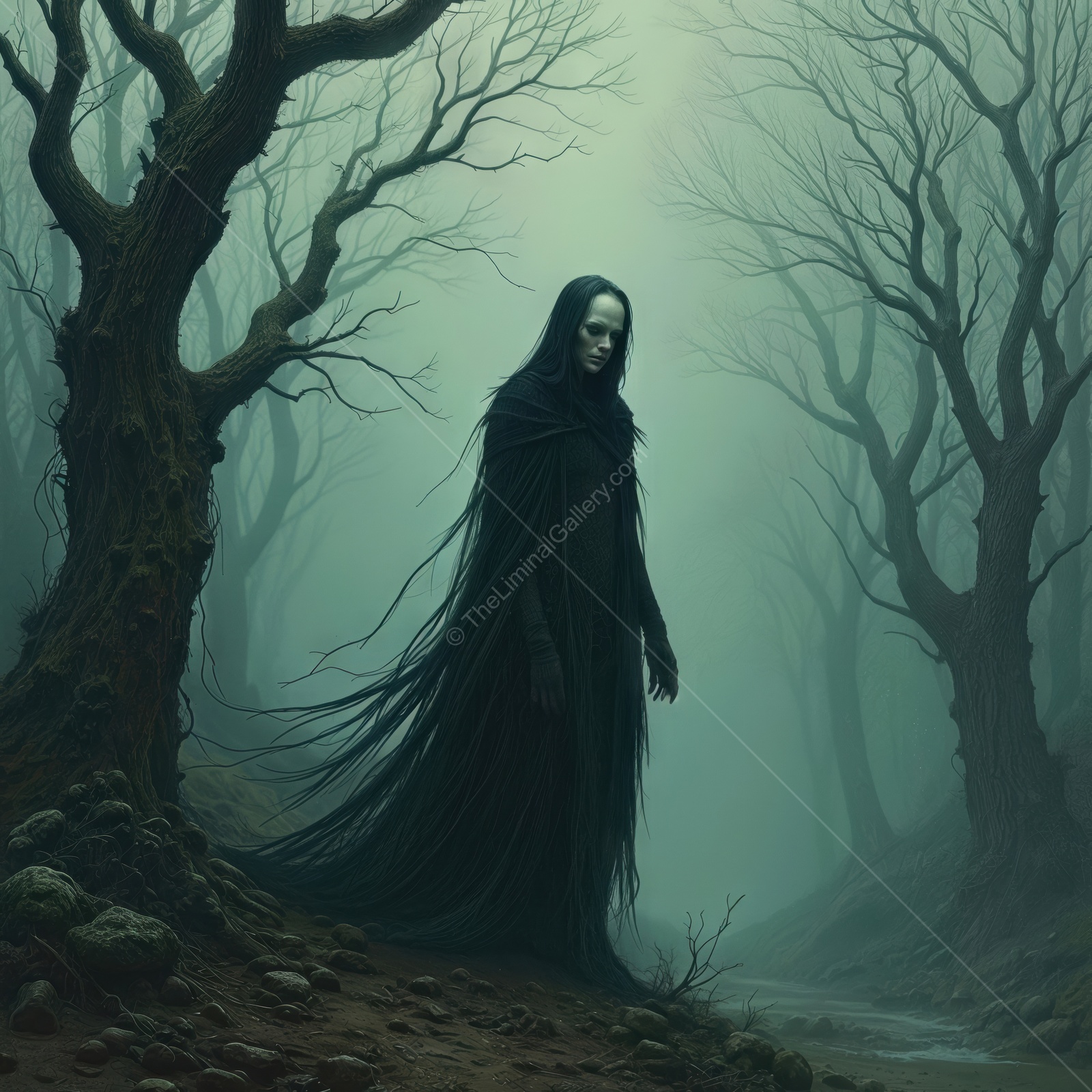 Dark figure emerges from misty forest, evoking mystery and unease in an eerie landscape at twilight