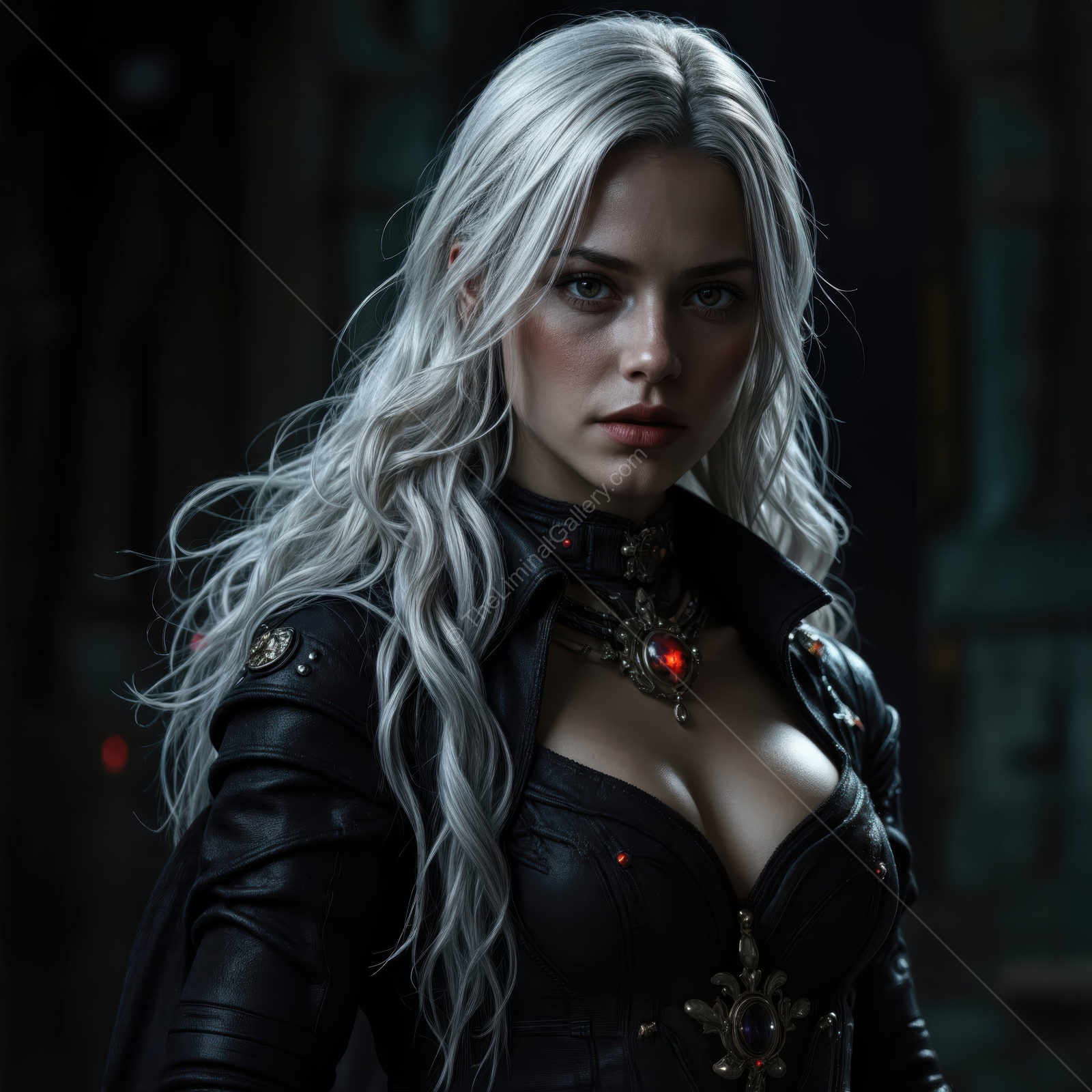 Mysterious figure with silver hair and dark attire captures the essence of fantasy in a dimly lit setting