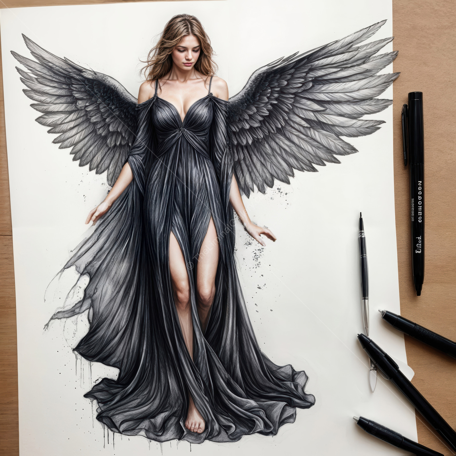 Stunning angelic figure with intricate wings and elegant gown captured in a detailed sketch on art paper