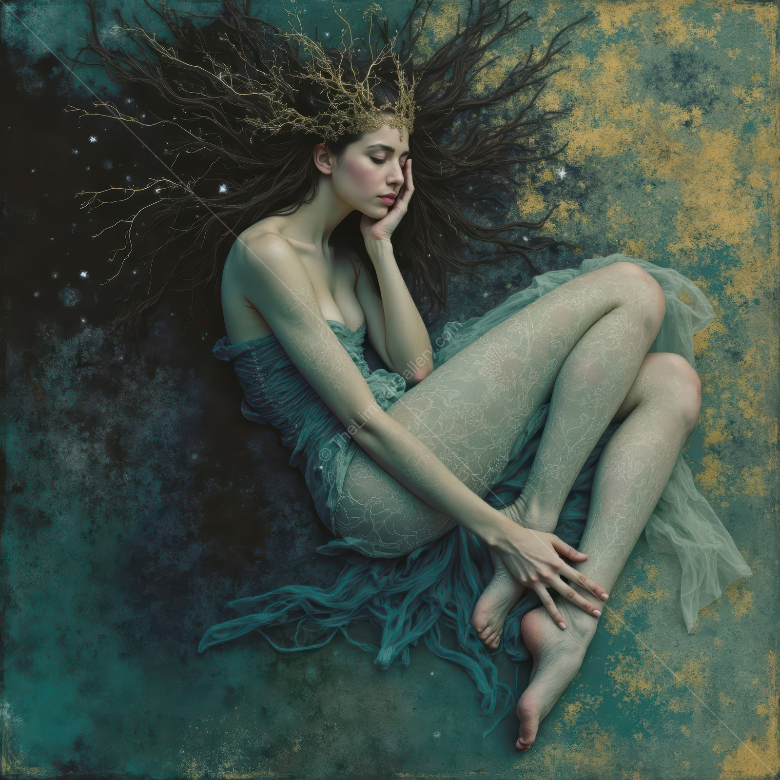 Sleeping woman in a mystical slumber among luminescent dreams in a fantasy realm illuminated by starlight and ethereal whispers