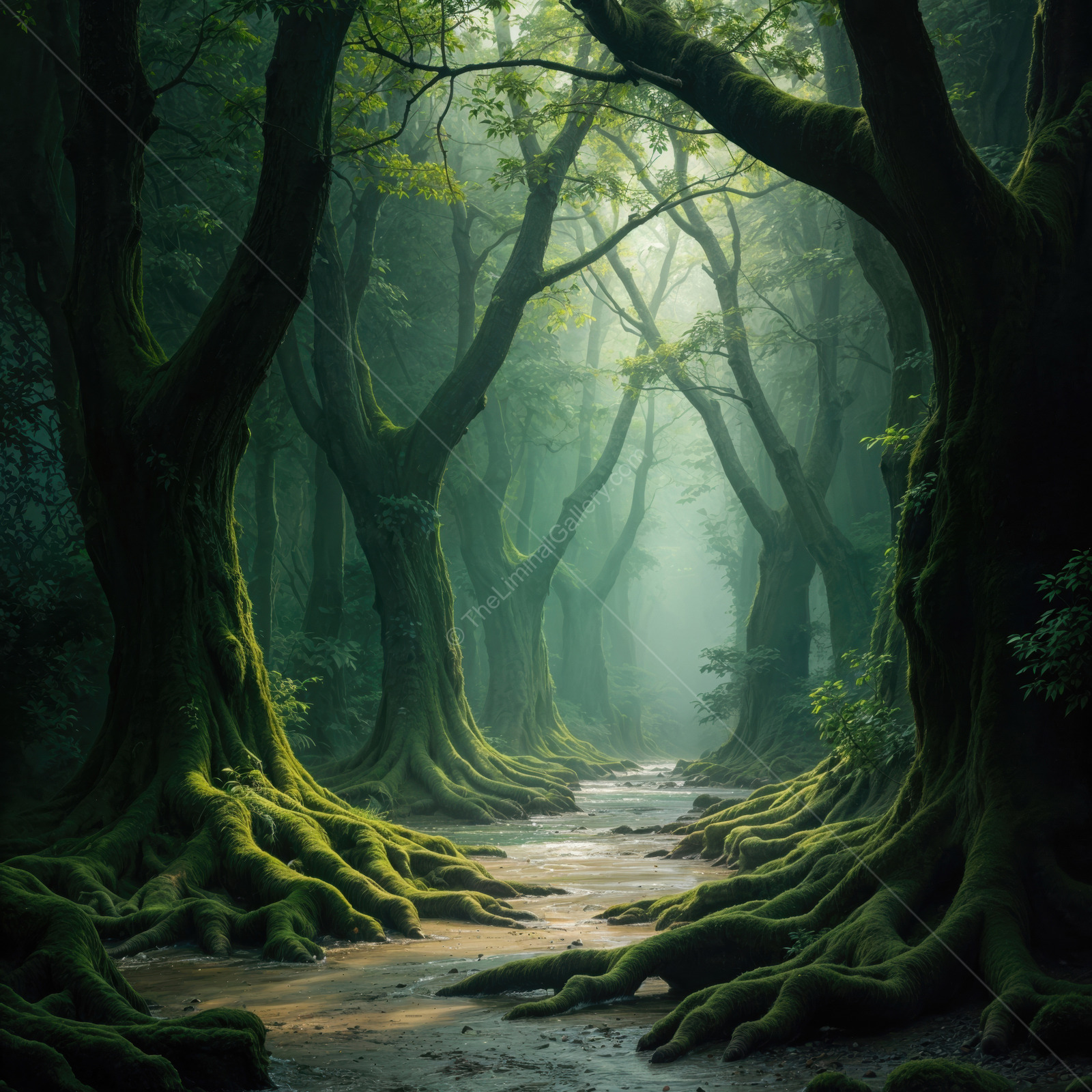 Mysterious forest path illuminated by soft light creating an enchanting atmosphere at dawn