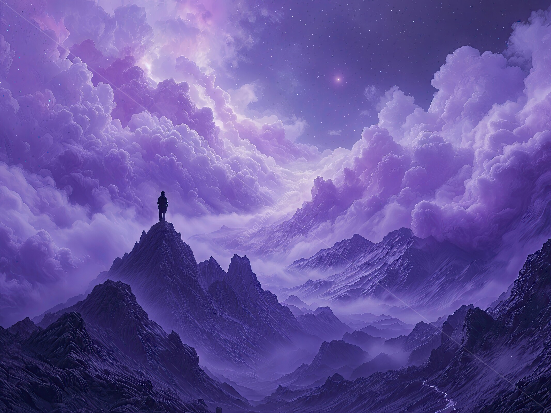 Majestic mountain scene under a purple sky with a solitary figure observing the celestial beauty around