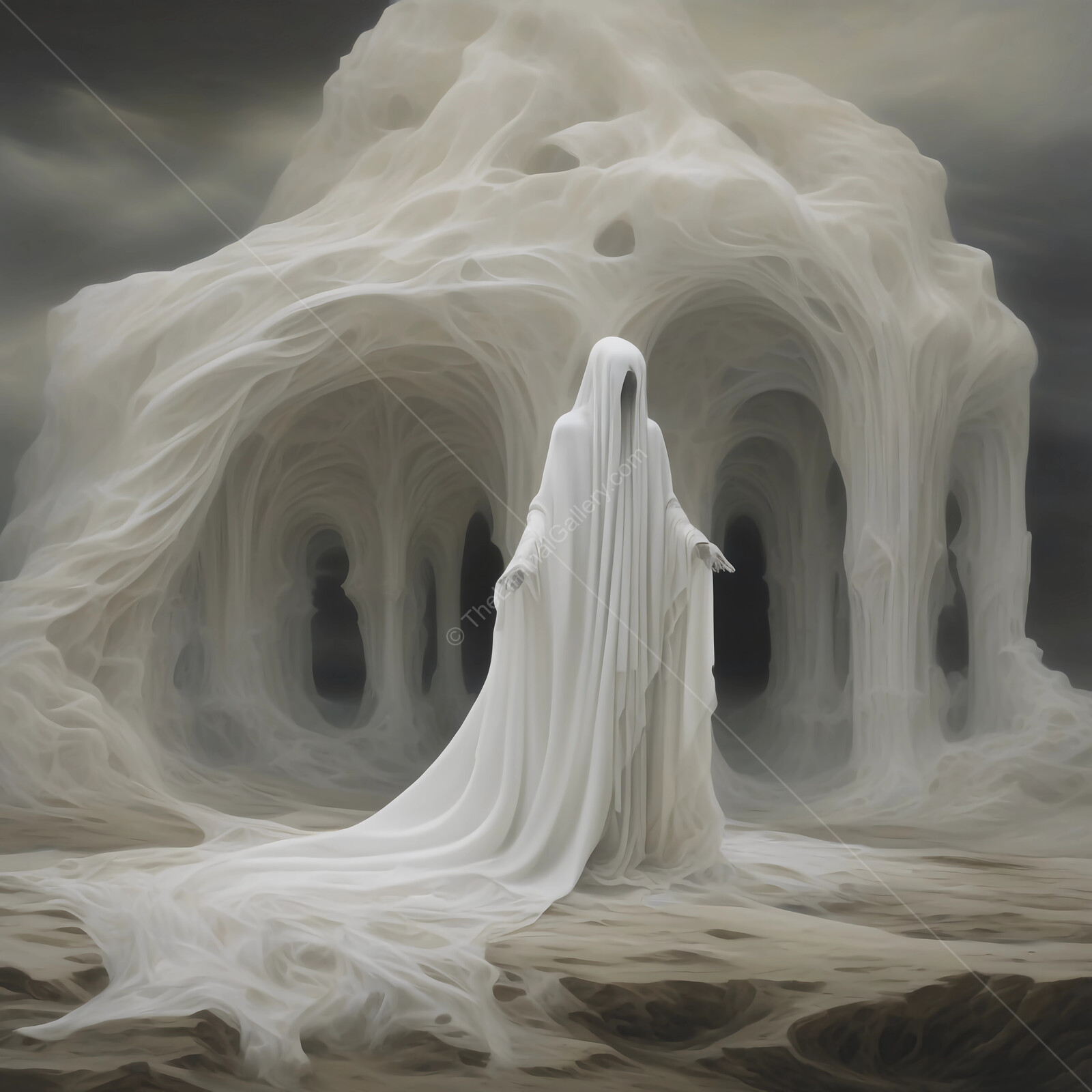 Ethereal figure emerges from misty landscape beneath a shadowy sky in a surreal dreamlike setting