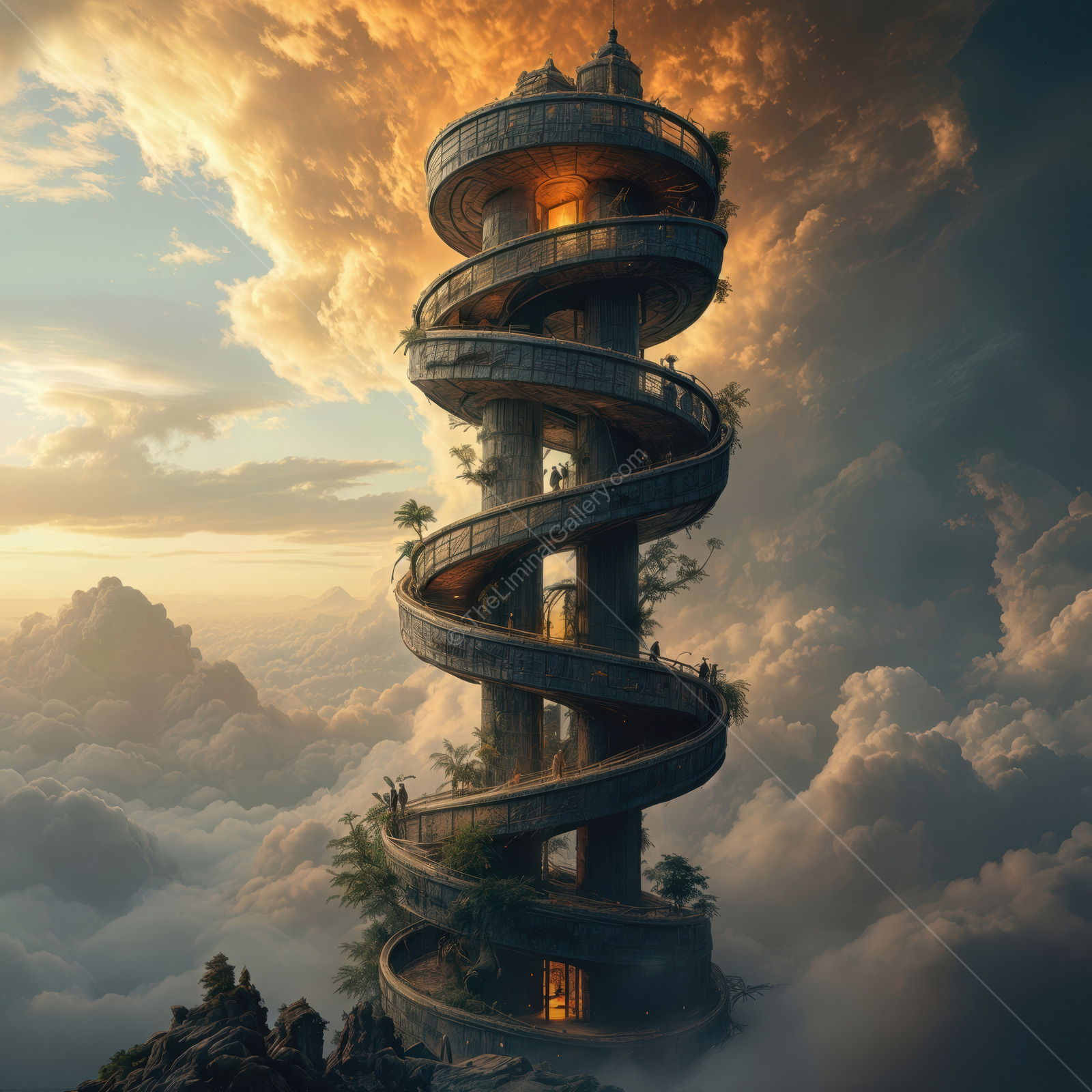 Spiral tower rising through the clouds at sunset showcases nature and architecture in harmony amidst a captivating sky