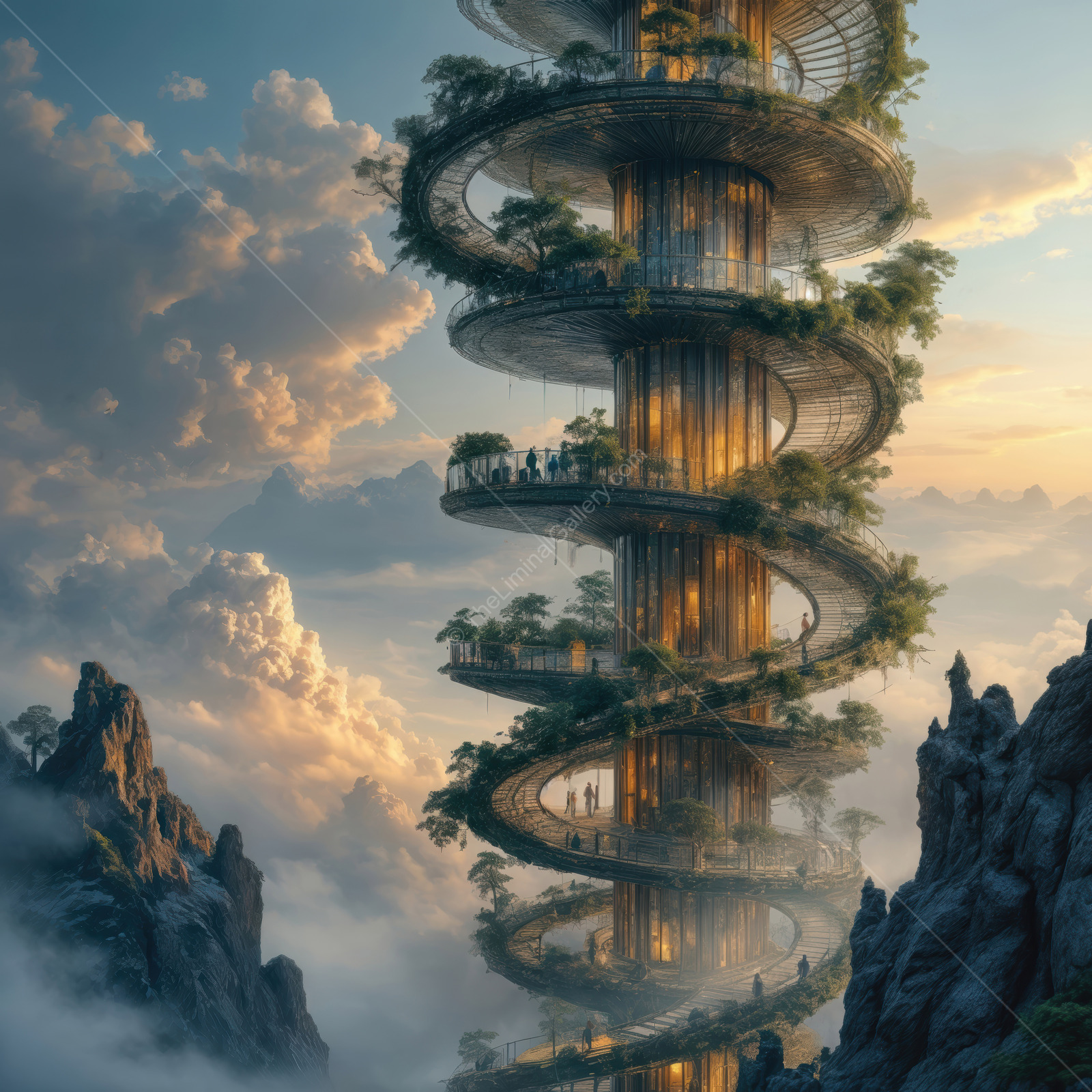 Futuristic spiral tower rises amid a breathtaking landscape during twilight