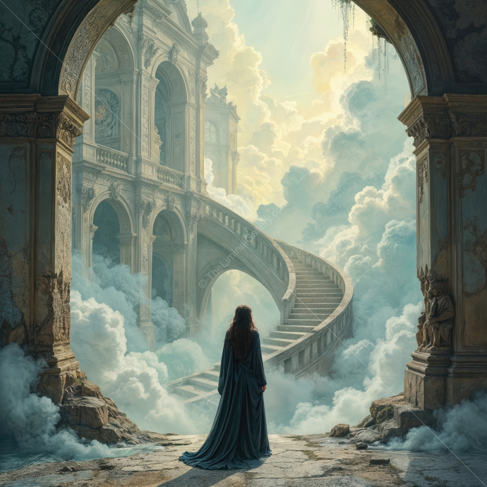Majestic stairway through clouds leads to an enchanting world of dreams and possibilities in a forgotten castle