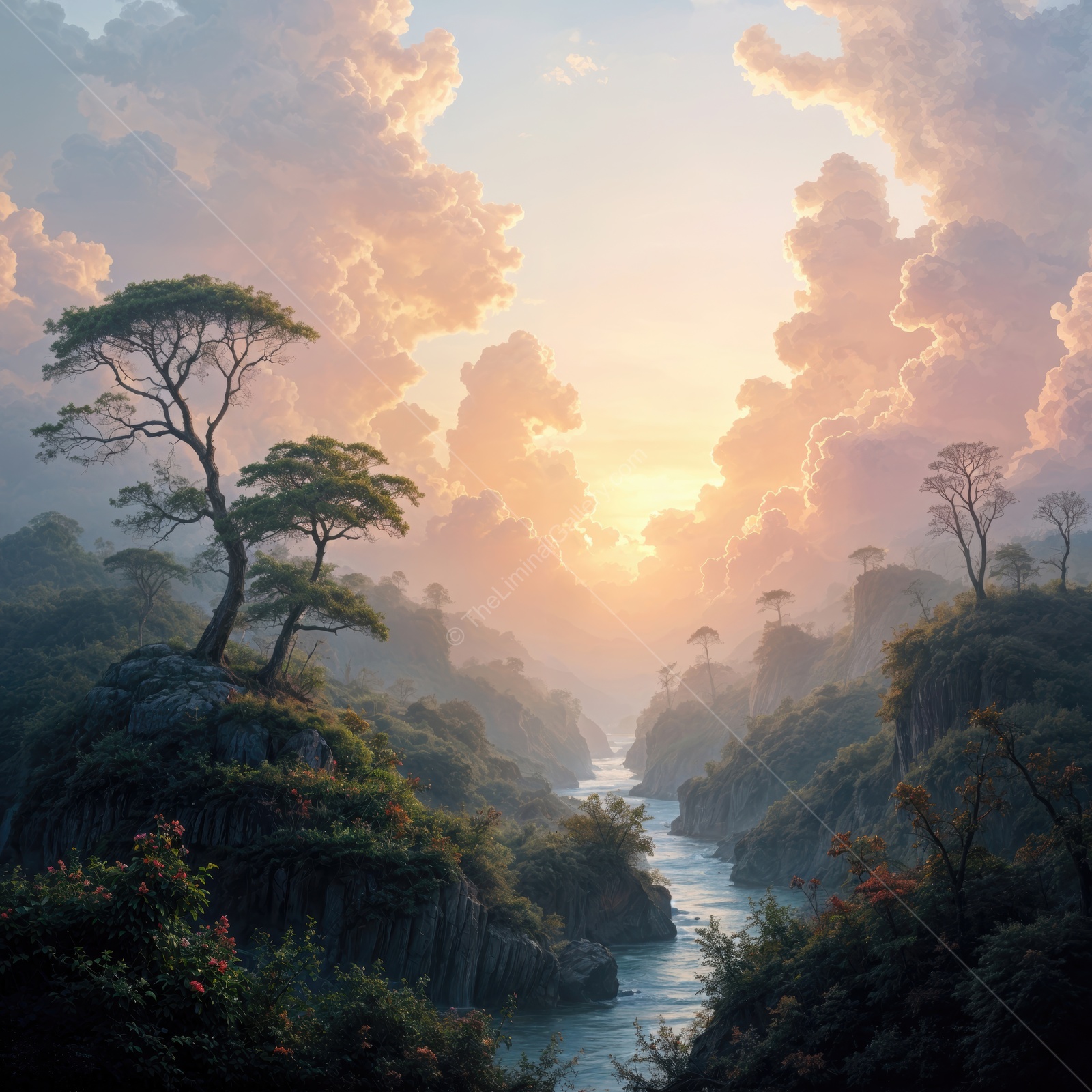 Scenic valley at sunrise with misty river and blooming flora
