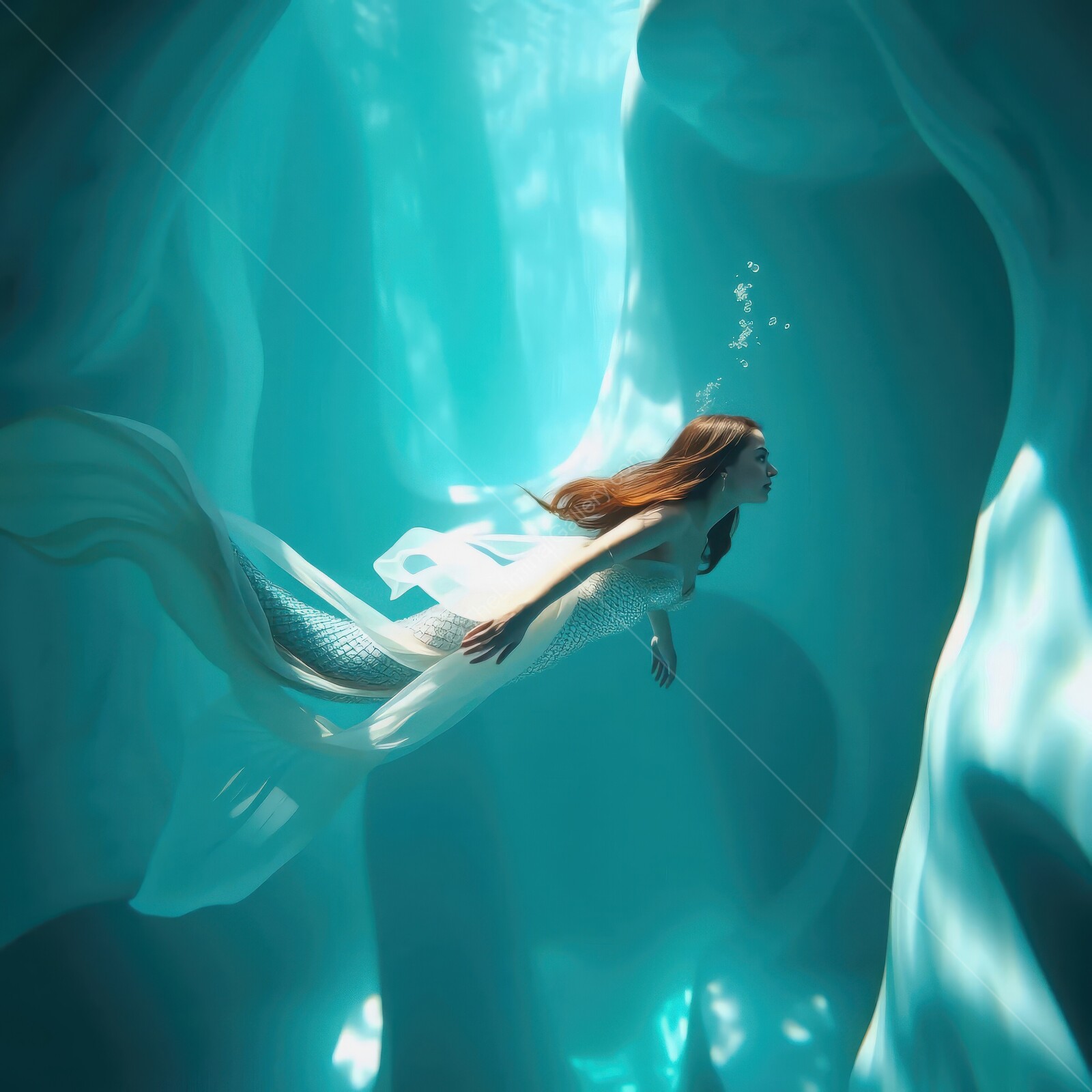 Mermaid exploring a tranquil underwater cave filled with shimmering light