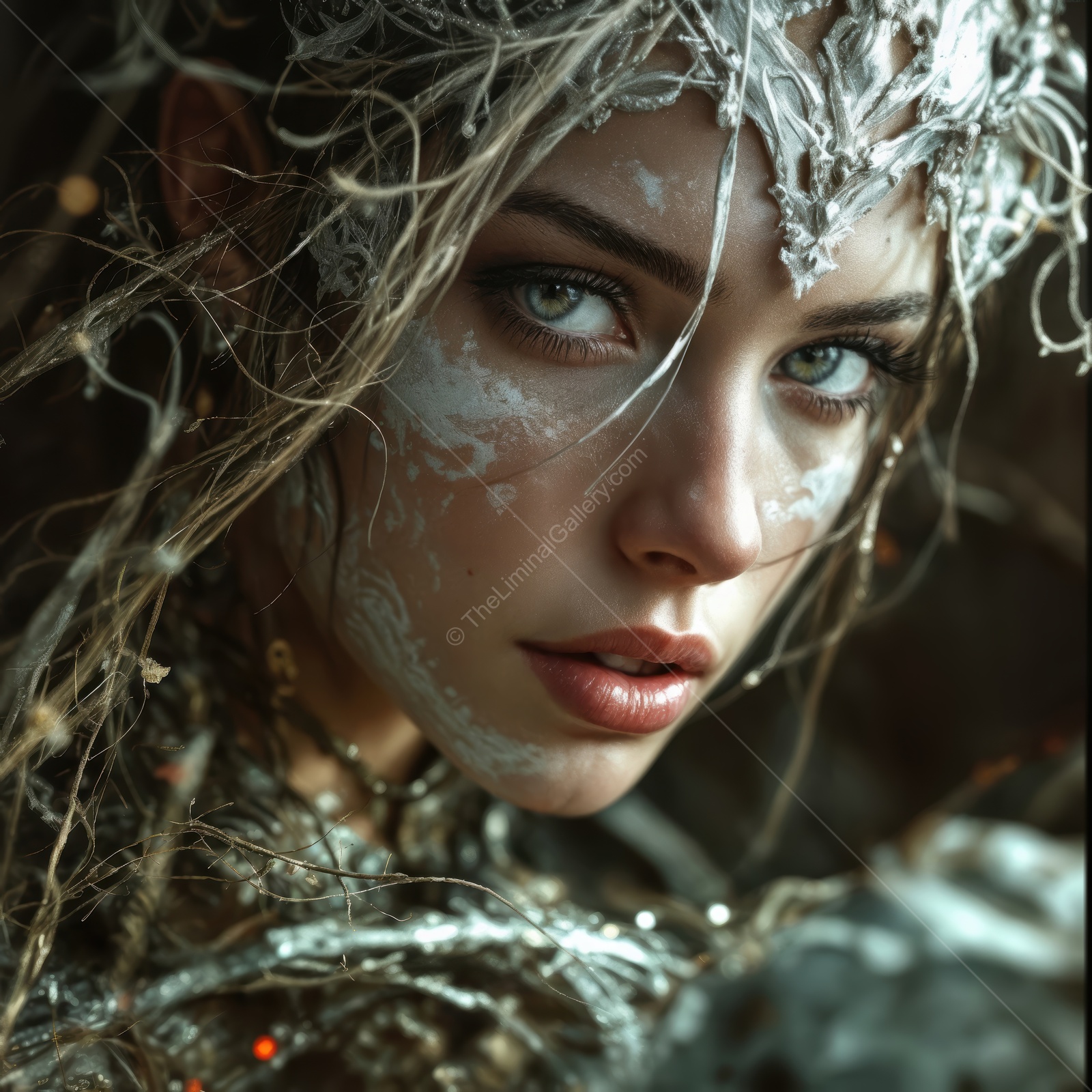 Tribal woman embodying fantasy in a mystical liminal forest at twilight, merging nature and magic