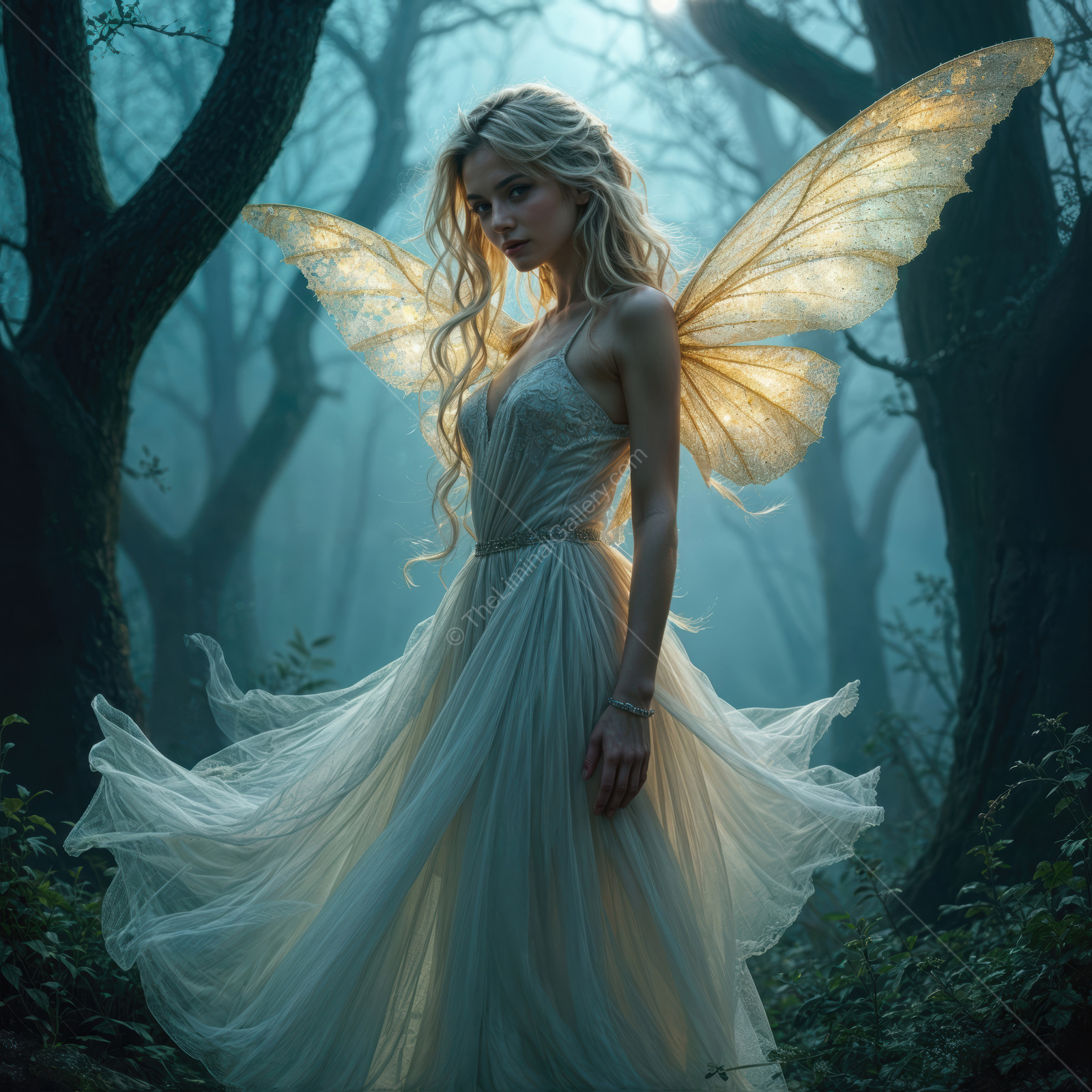 Enchanted forest scene with a mystical figure and glowing wings during twilight
