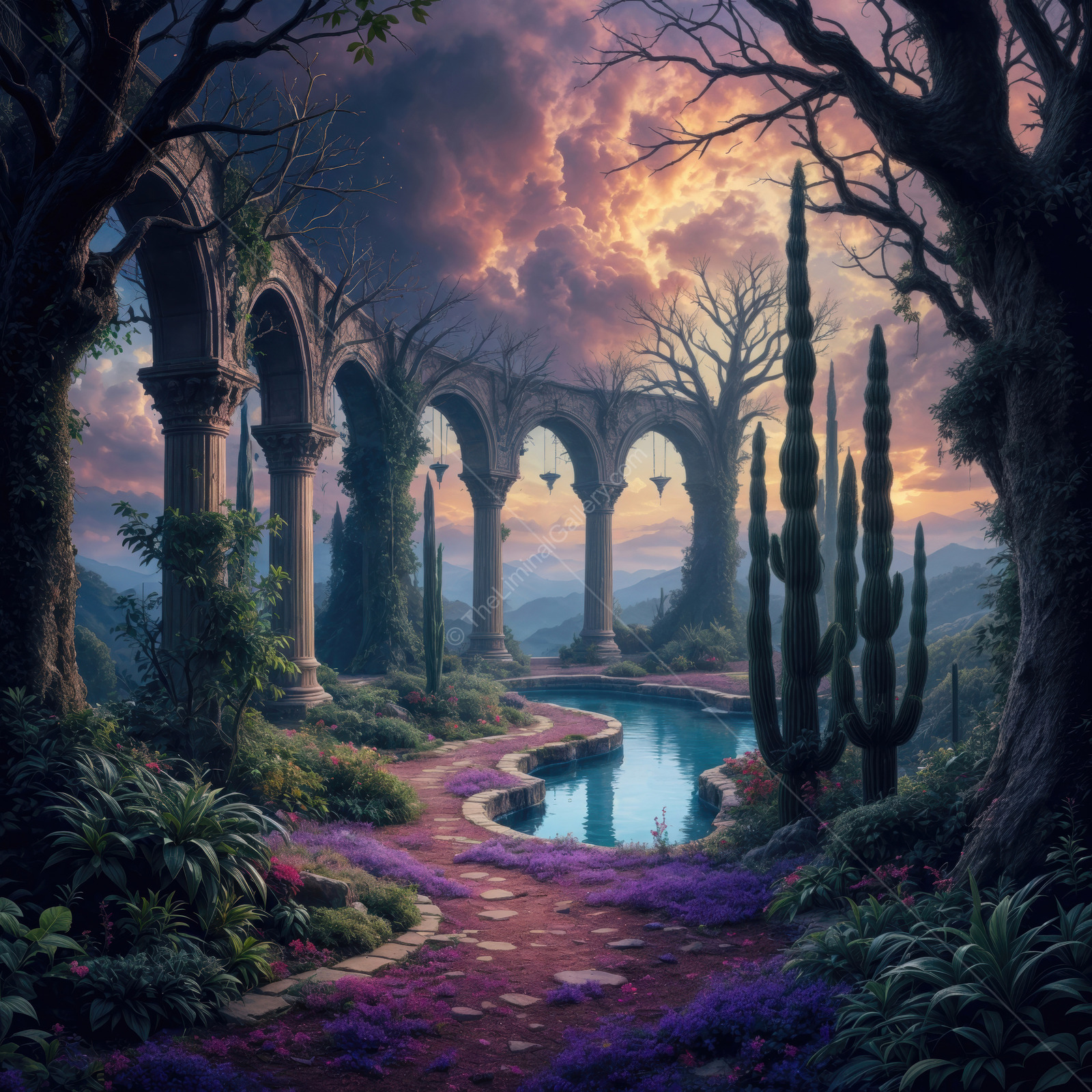 Serene waters reflect the magical beauty of ancient ruins under a twilight sky