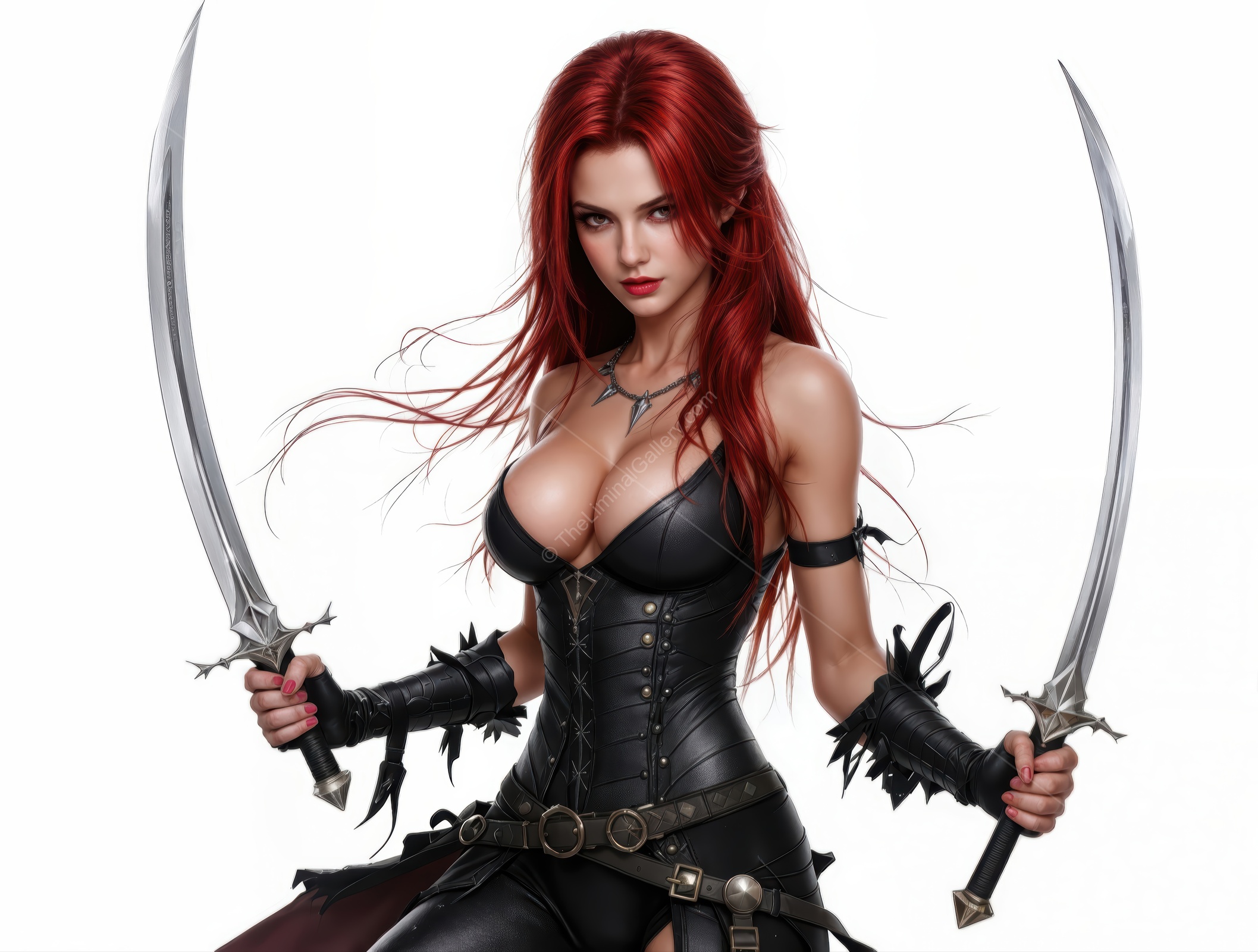 Fierce warrior with twin swords standing confidently in striking armor against a plain backdrop