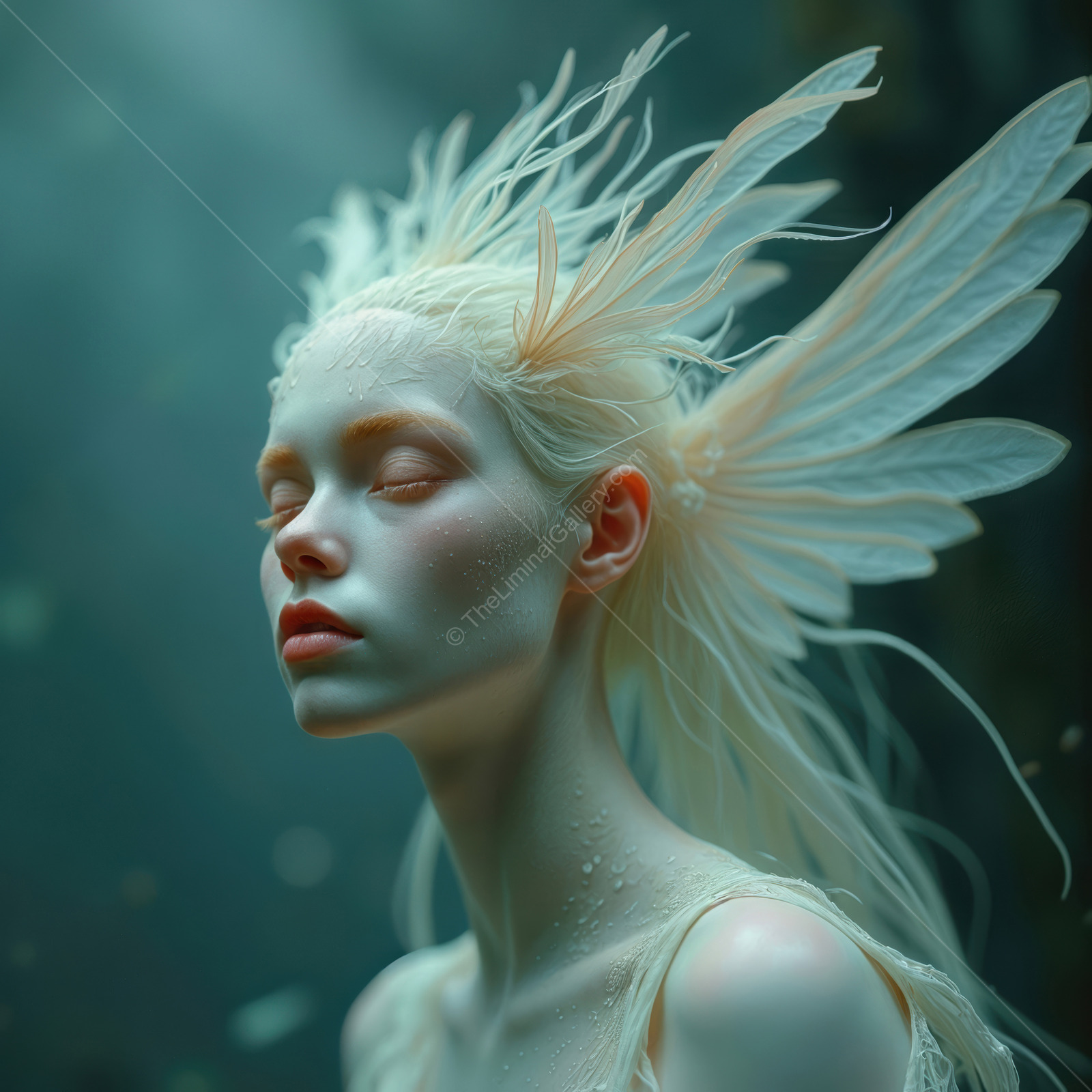 Ethereal fairy figure with flowing hair and delicate wings captures the enchanting beauty of the underwater realm in soft, dreamlike light