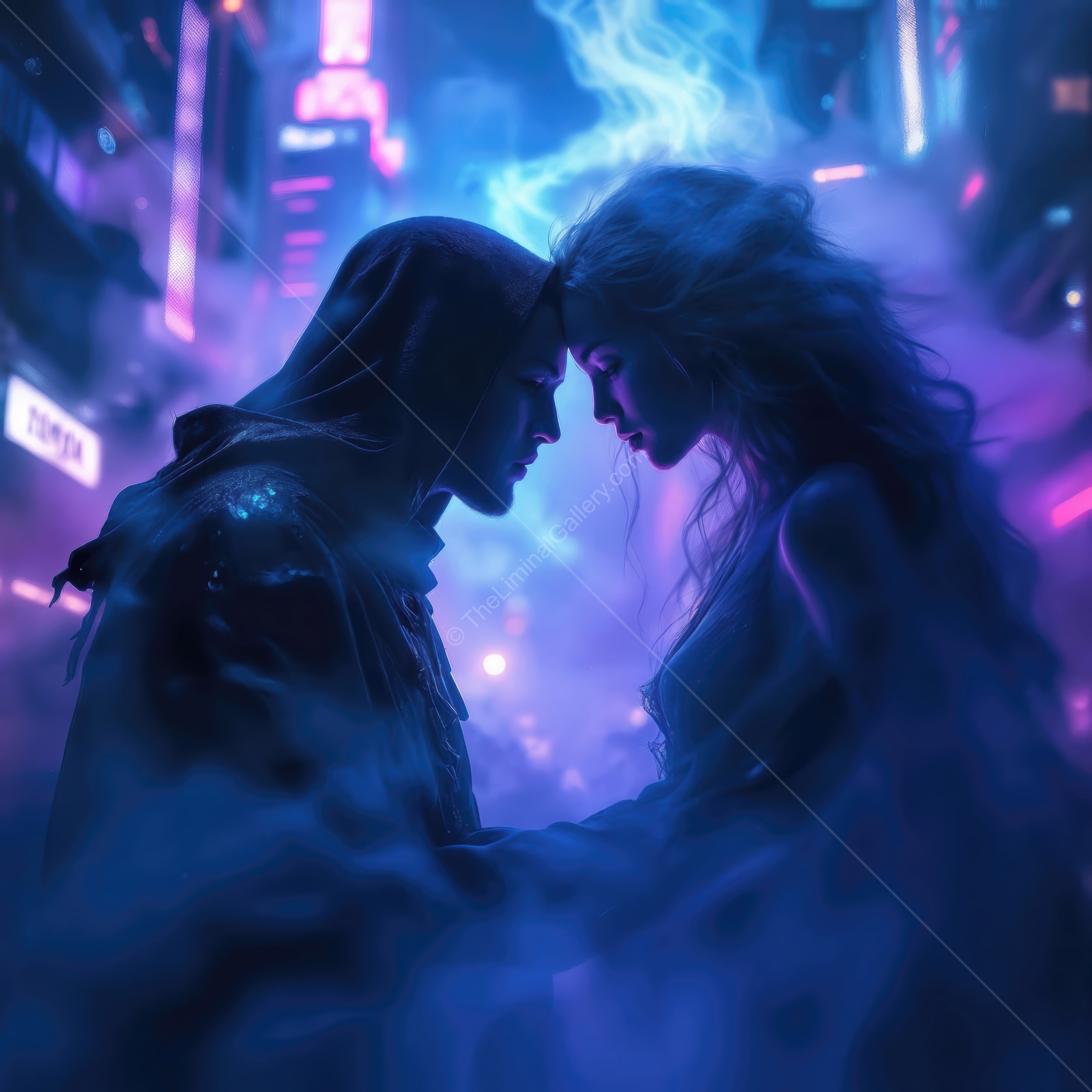 Urban love story in neon haze under the mesmerizing glow of city lights at night