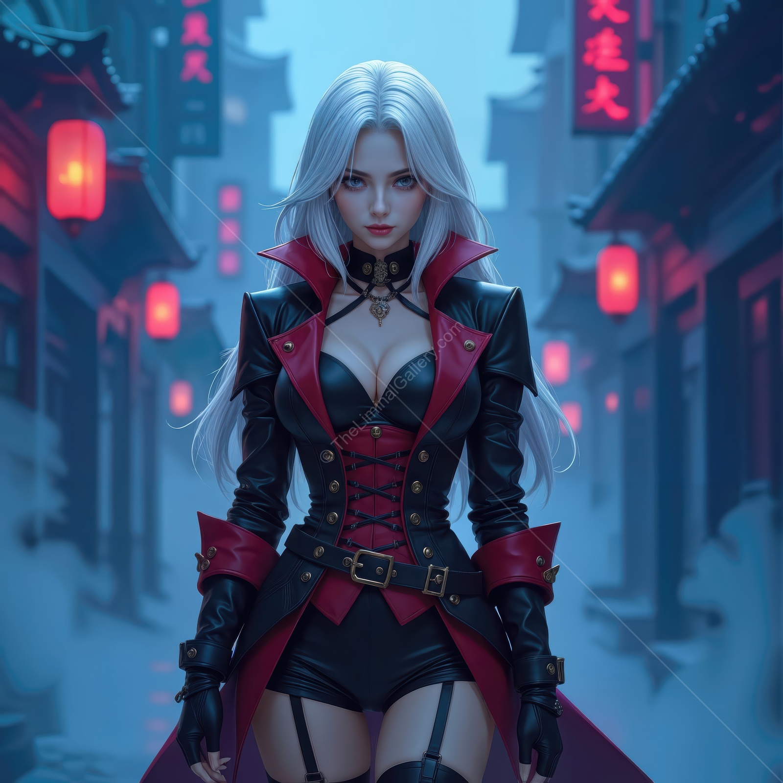 Vampire hunter wandering through a misty fantasy realm inspired by Asian streets at twilight