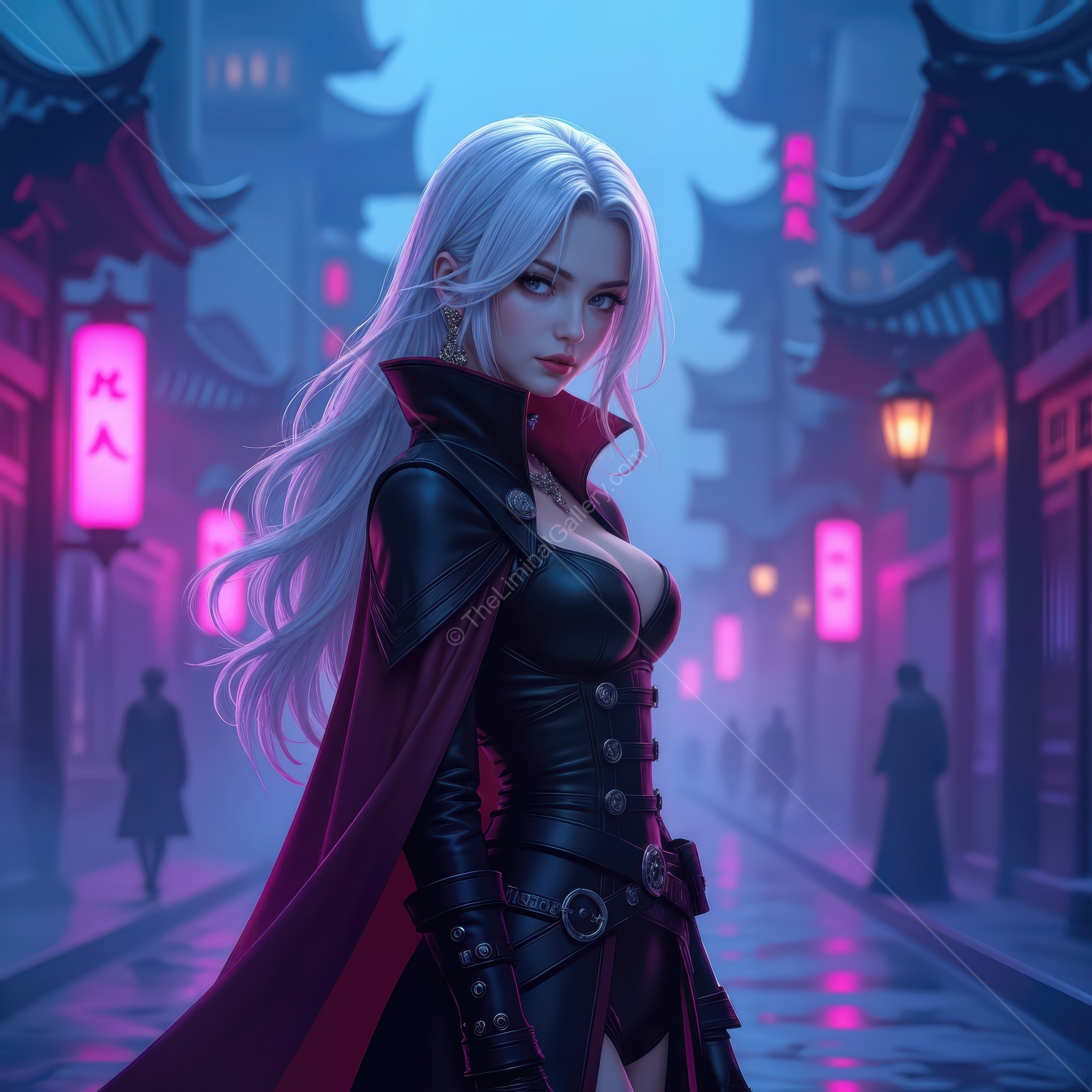 Mystical night stroll through a vibrant fantasy city with a vampire hunting woman in a captivating coat