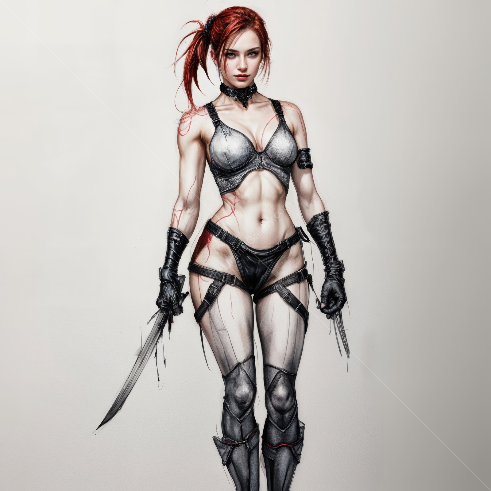 Vibrant vampiric warrior woman stands ready for battle in a mystical realm filled with enchanting beauty