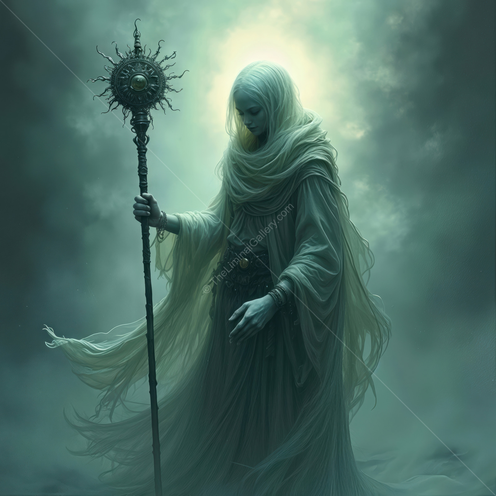 Mystical figure in a foggy realm holds a glowing staff, shrouded in a veil of ethereal light