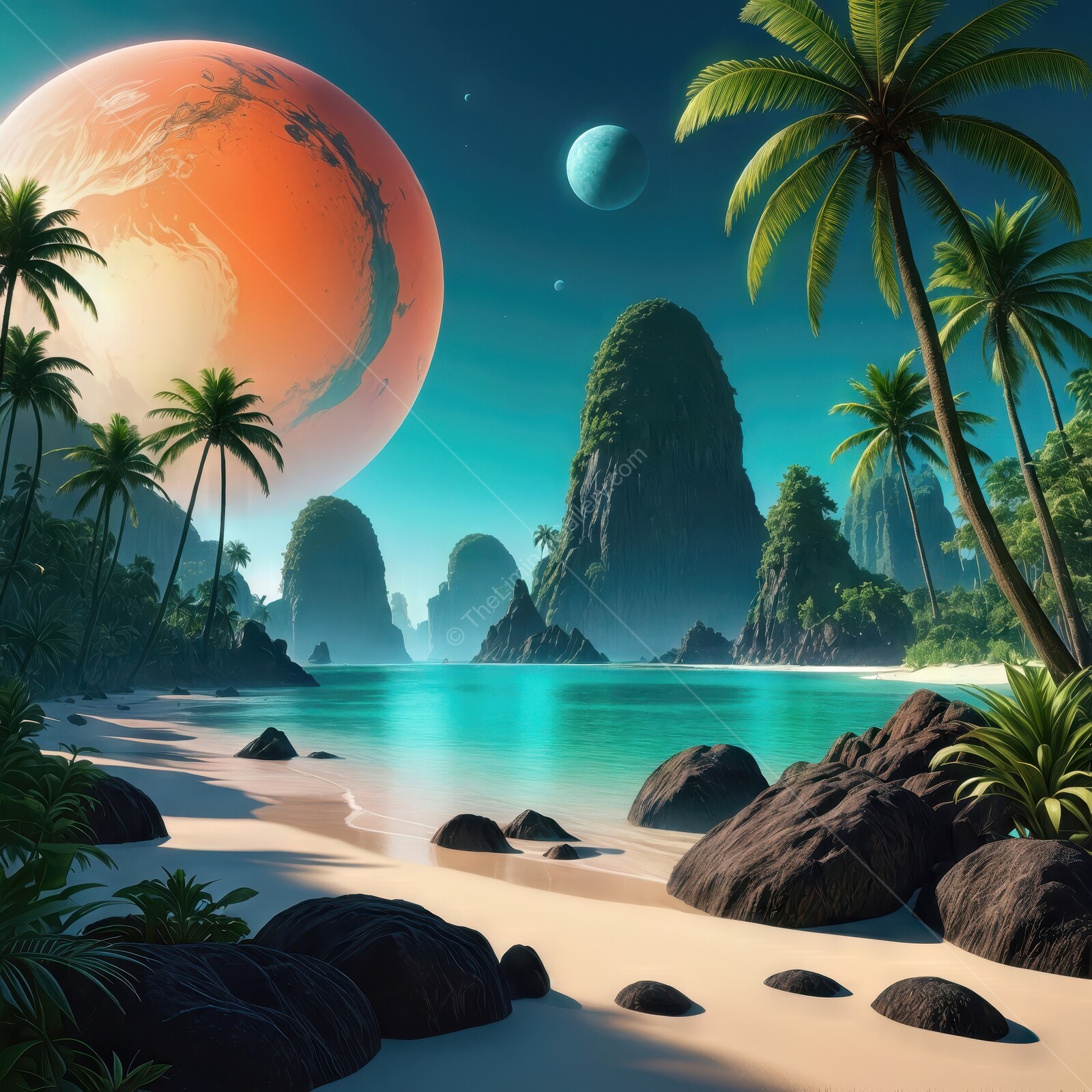 Vibrant tropical paradise under celestial bodies with lush greenery and serene waters