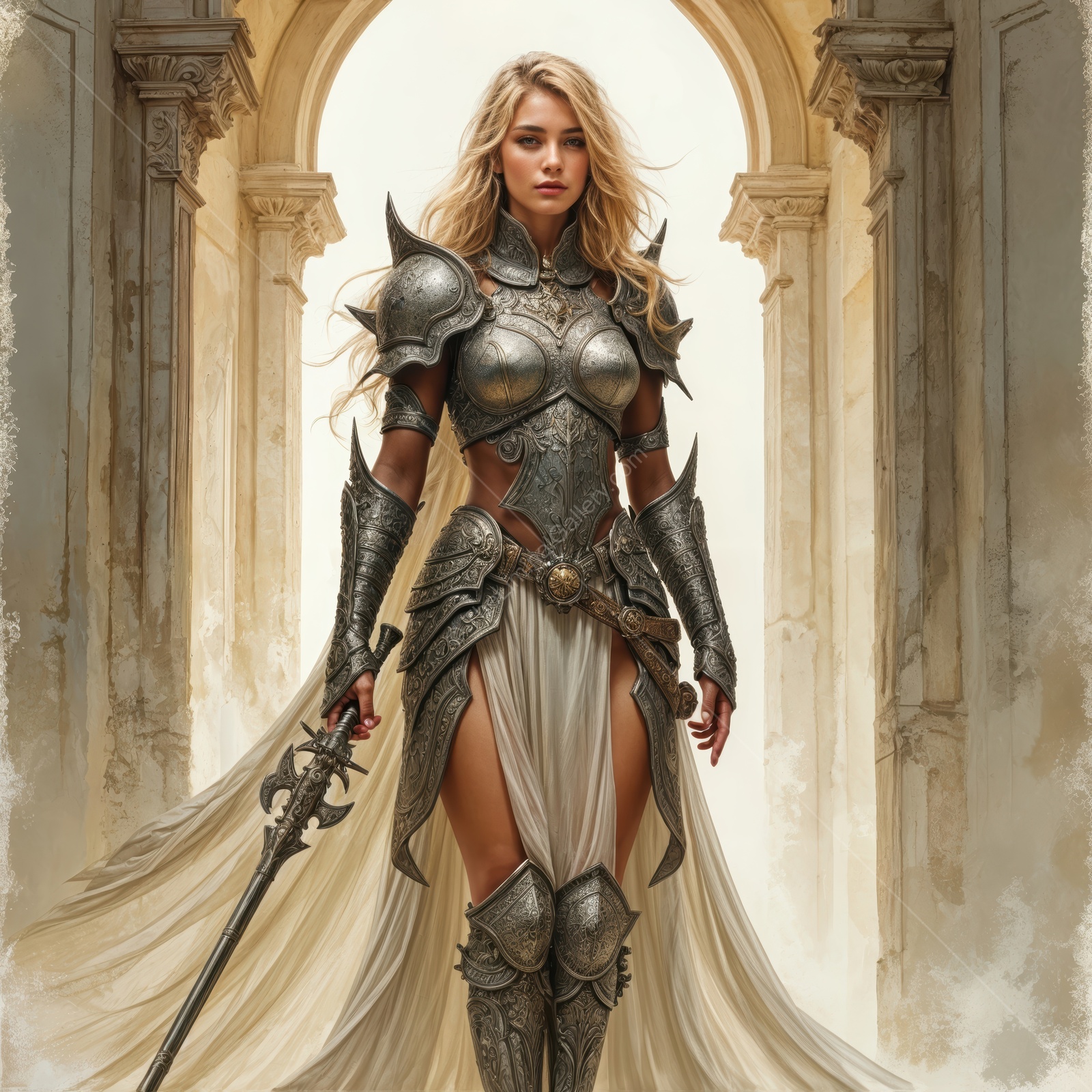 Warrior woman in resplendent armor walks through a mystical corridor illuminated by soft, golden light