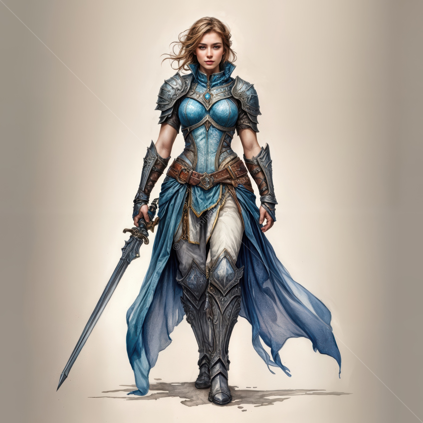 Fantasy warrior woman in shimmering armor strides confidently through an ethereal landscape