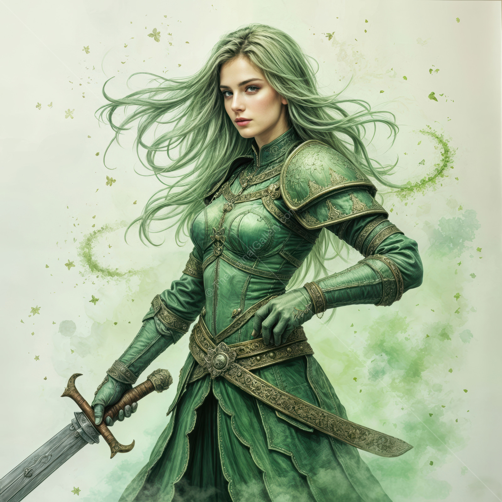 Beautiful warrior stands ready for battle in a mystical forest at twilight, draped in emerald green armor