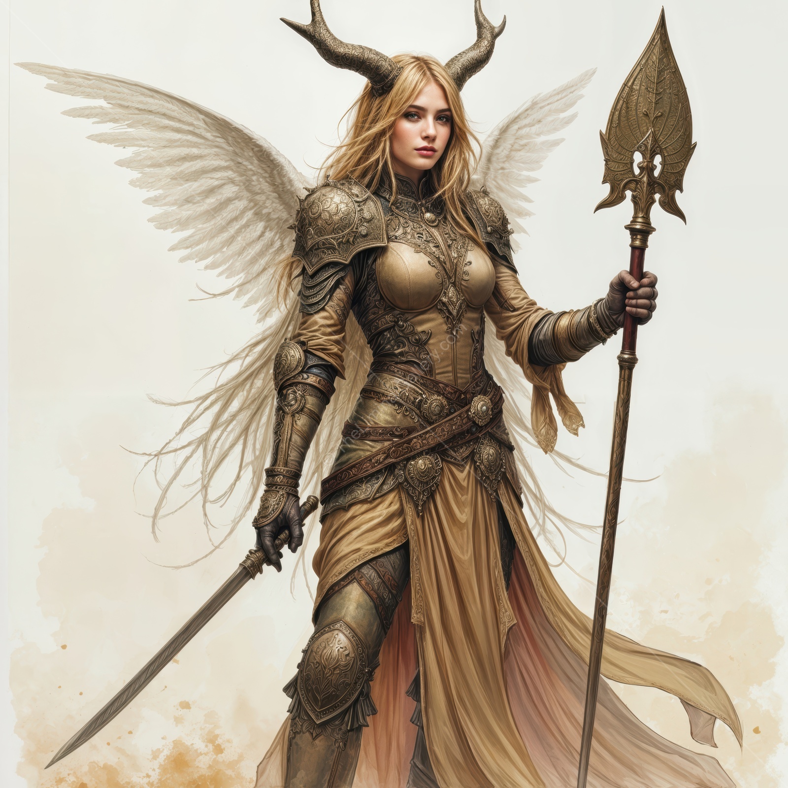 Wielding her spear, a warrior queen stands confidently in a fantasy realm, embodying strength and grace amidst a magical landscape