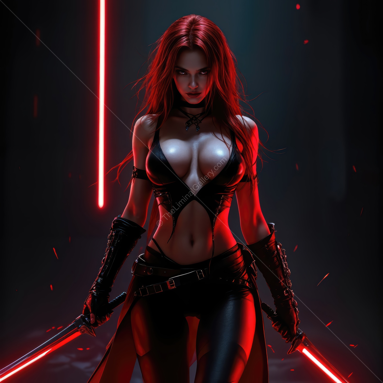 Dynamic warrior poised for battle in a dark, atmospheric setting with striking red lighting